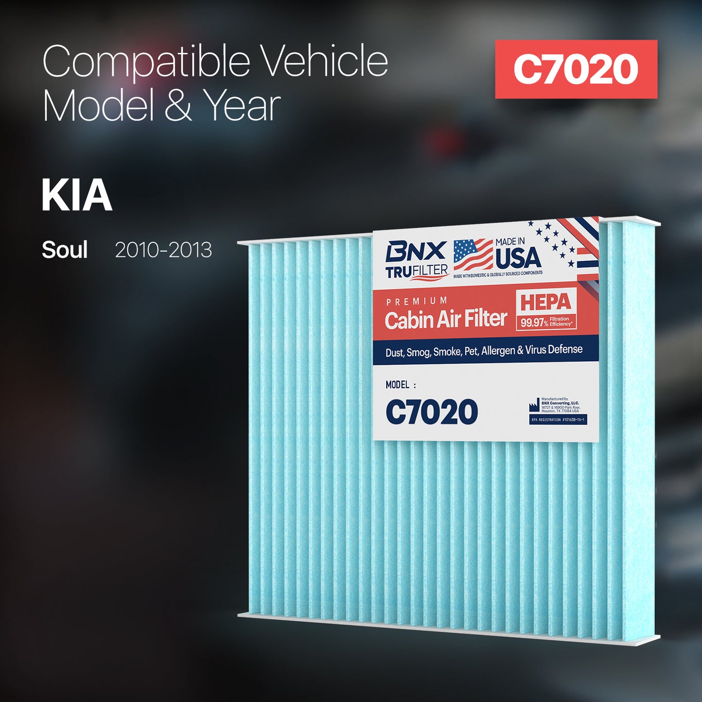 BNX TruFilter C7020 Cabin Air Filter, HEPA 99.97%, Compatible With Kia Soul