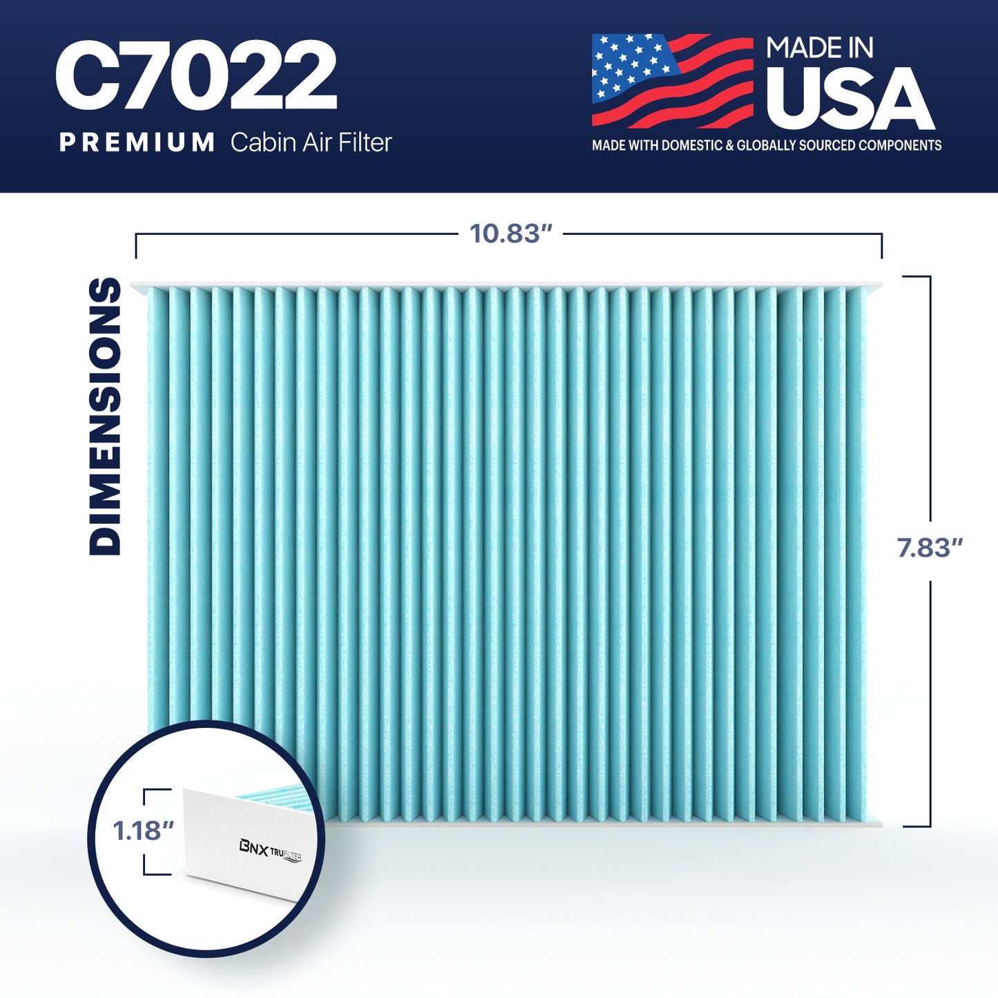 BNX TruFilter C7022 Cabin Air Filter, HEPA 99.97%, MADE IN USA, Compatible With Dodge: Charger, Challenger; Chrysler: 300