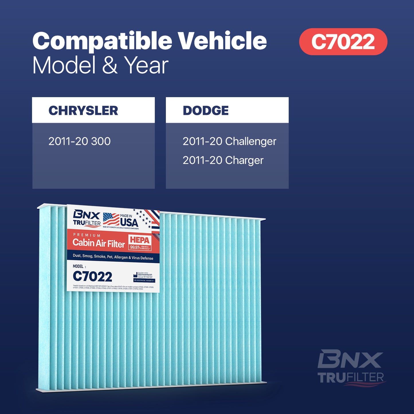 BNX TruFilter C7022 Cabin Air Filter, HEPA 99.97%, MADE IN USA, Compatible With Dodge: Charger, Challenger; Chrysler: 300