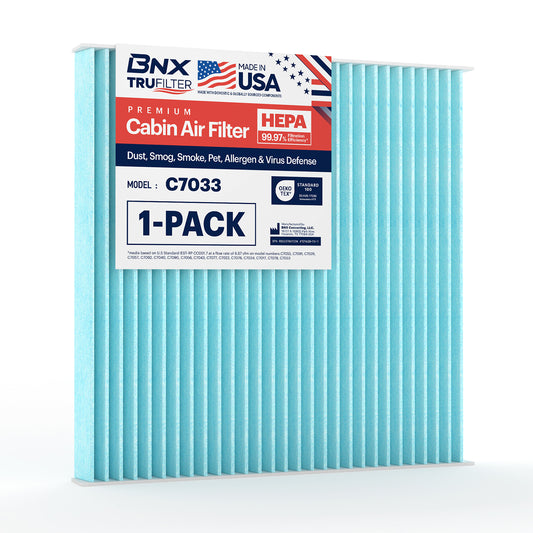 BNX TruFilter C7033 Cabin Air Filter, HEPA 99.97%, Compatible With Dodge Dart; Pontiac: Vibe; Toyota Tacoma
