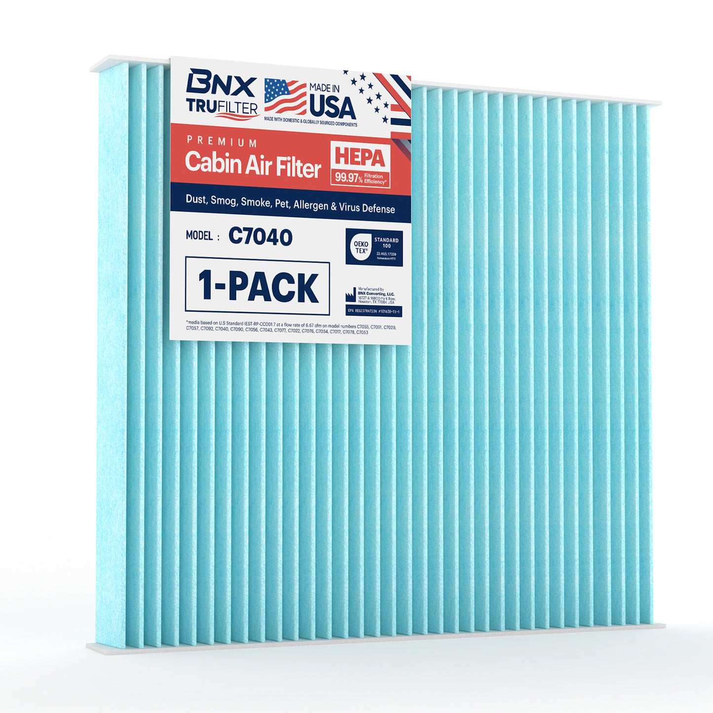BNX TruFilter C7040 Cabin Air Filter, 99.97% HEPA, MADE IN USA, Compatible With Dodge Durango 2011-2020, Jeep Grand Cherokee 2011-2021