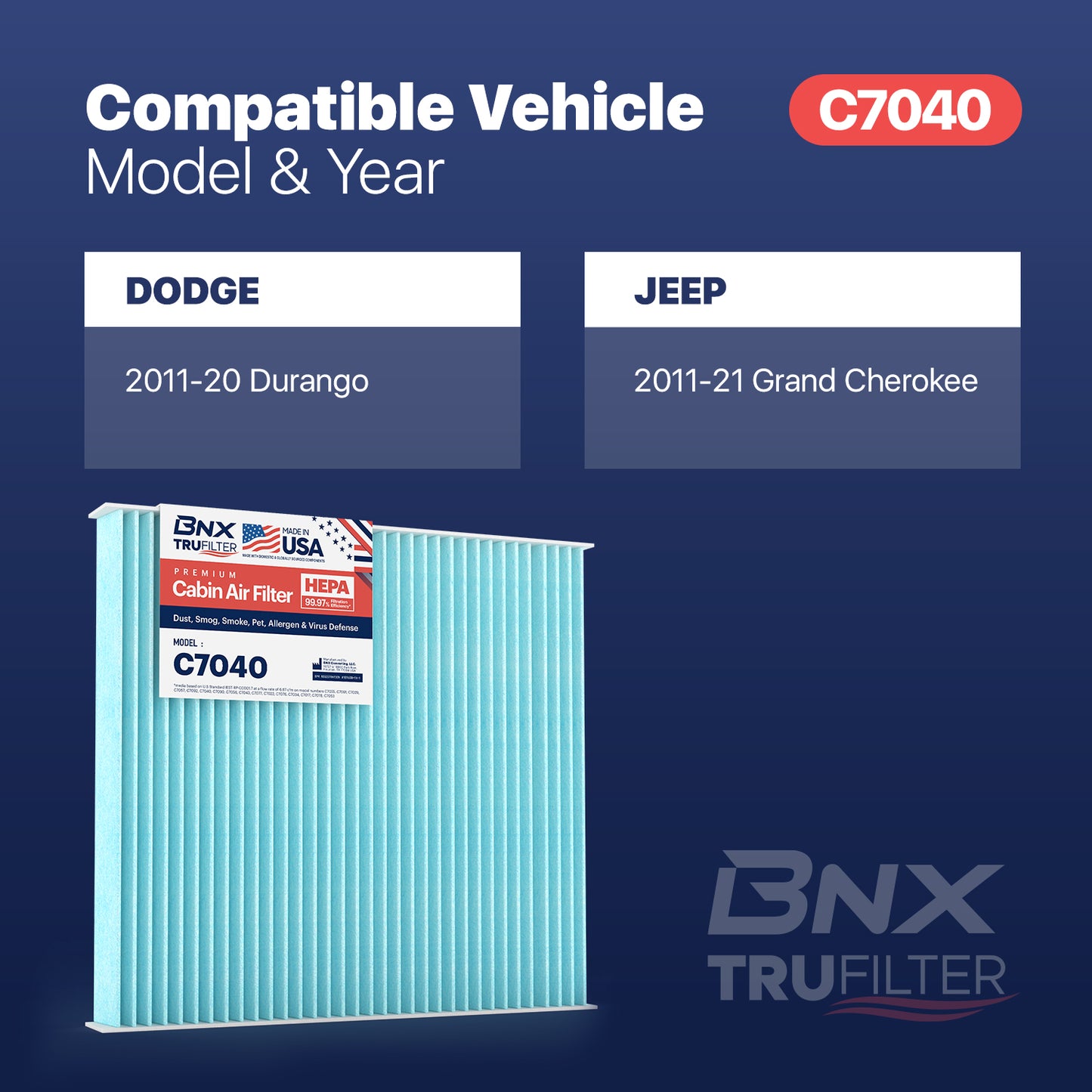 BNX TruFilter C7040 Cabin Air Filter, 99.97% HEPA, MADE IN USA, Compatible With Dodge Durango 2011-2020, Jeep Grand Cherokee 2011-2021