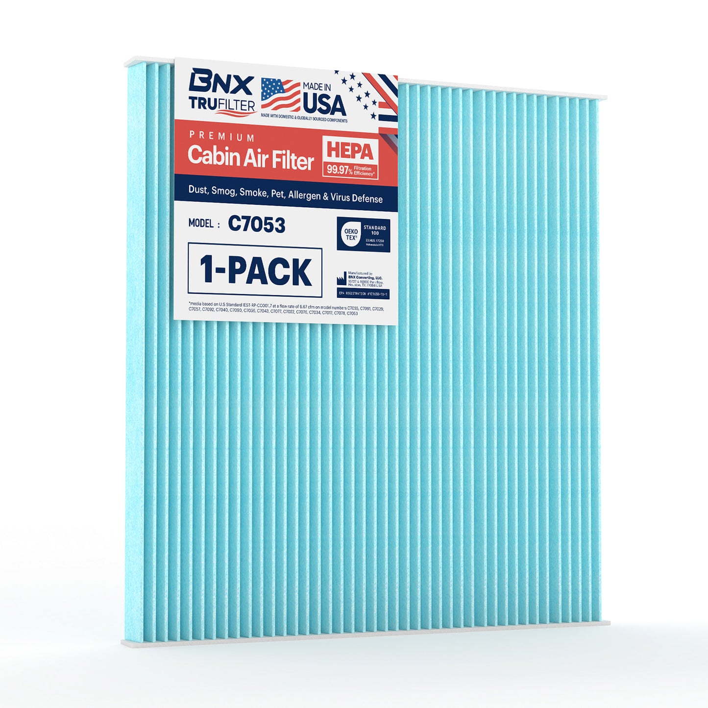 BNX TruFilter C7053 Cabin Air Filter, 99.97% HEPA, MADE IN USA, Compatible With Nissan: Altima 2007-2012, 2009-2014 Maxima, 2009-2014 Murano, 2011-2017 Quest