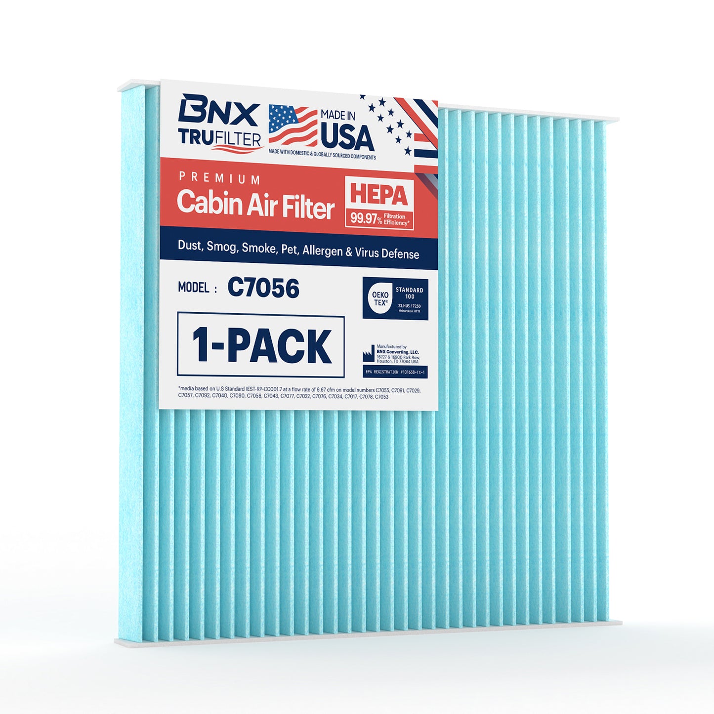BNX TruFilter C7056 Cabin Air Filter, HEPA 99.97%, MADE IN USA, Compatible With Select Toyota Camry, 4Runner, Prius, Avalon, FJ Cruiser, Celica, Sienna, Solara; Lexus ES330, GX470, RX330, RX350,RX400h