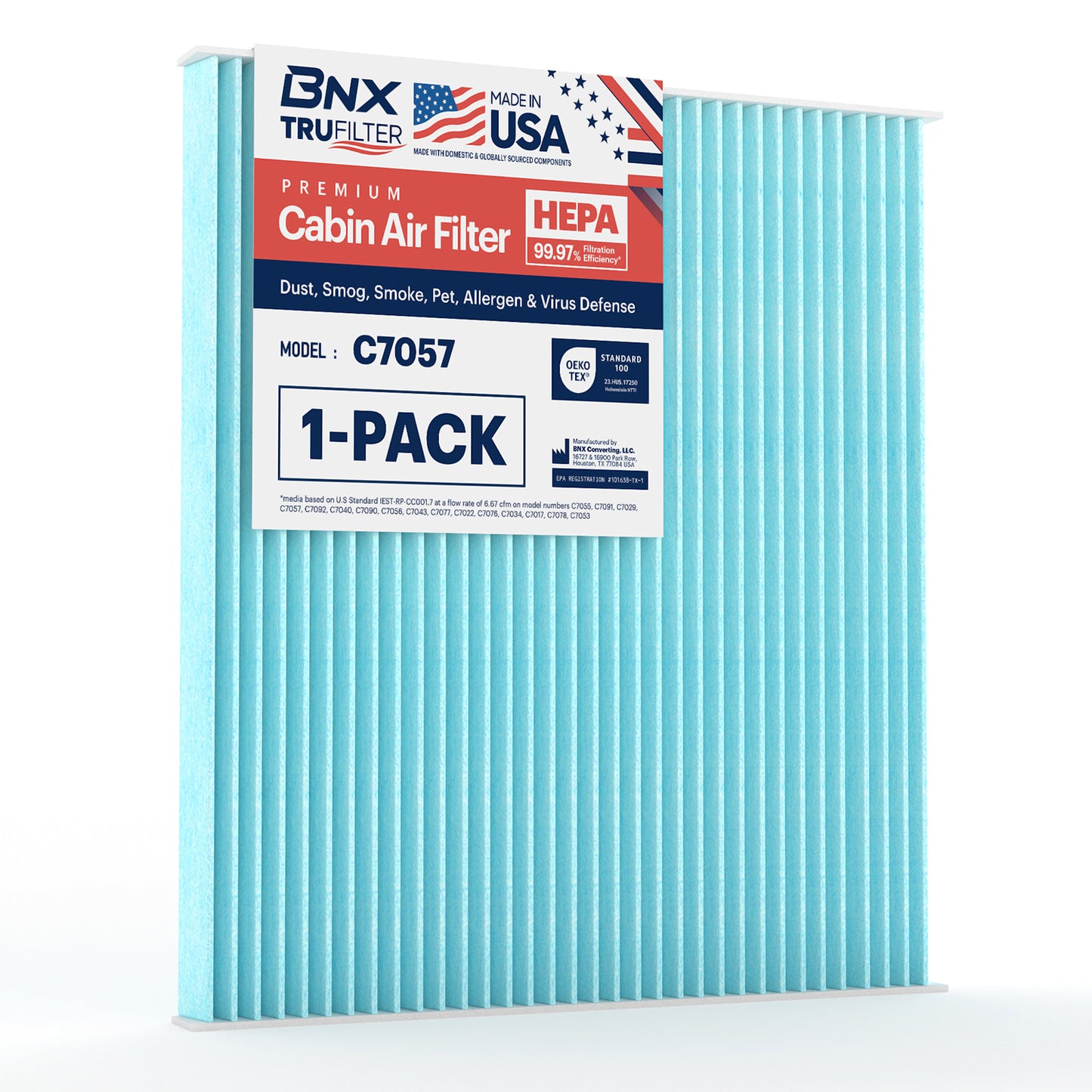 BNX TruFilter C7057 Cabin Air Filter, 99.97% HEPA, MADE IN USA,  Compatible with Chevrolet Captiva, Equinox, GMC Terrain, Hyundai Azera, Santa Fe Sport/XL, Sonata, Kia Cadenza, Optima, Sedona, Saturn Vue