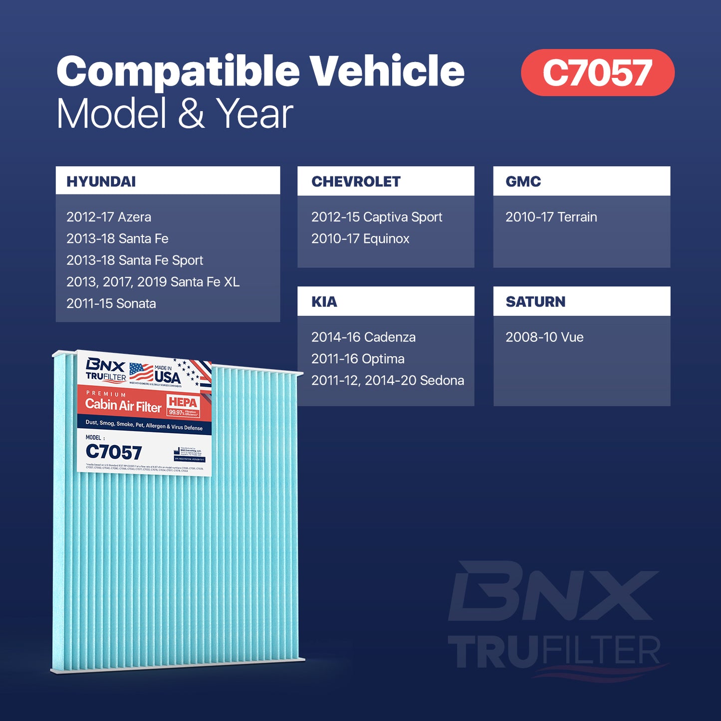 BNX TruFilter C7057 Cabin Air Filter, 99.97% HEPA, MADE IN USA,  Compatible with Chevrolet Captiva, Equinox, GMC Terrain, Hyundai Azera, Santa Fe Sport/XL, Sonata, Kia Cadenza, Optima, Sedona, Saturn Vue