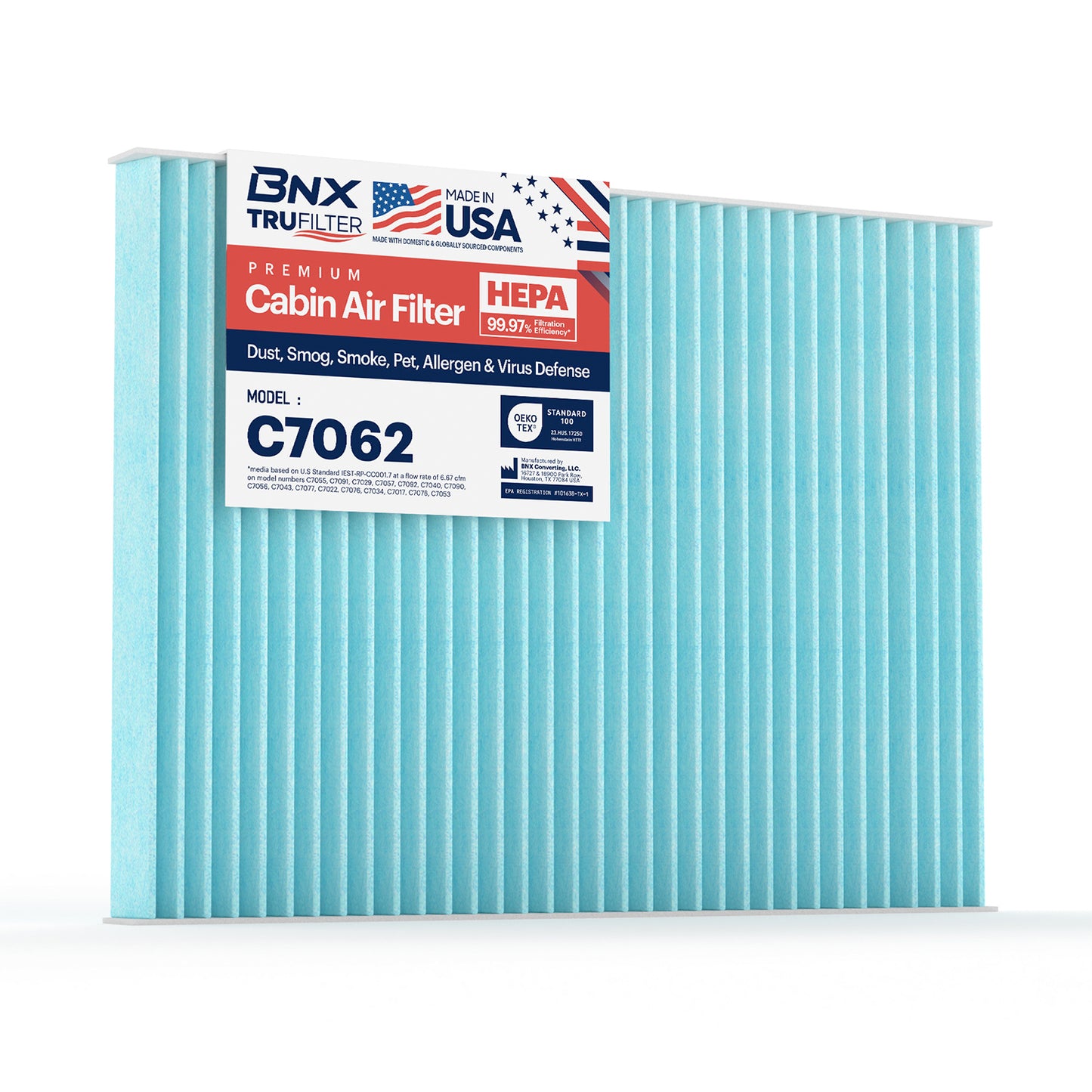BNX TruFilter C7062 Cabin Air Filter, HEPA 99.97%, Compatible With Cadillac; DeVille, DTS; Oldsmobile Aurora; Buick: LeSabre, Lucerne; Pontiac: Bonneville