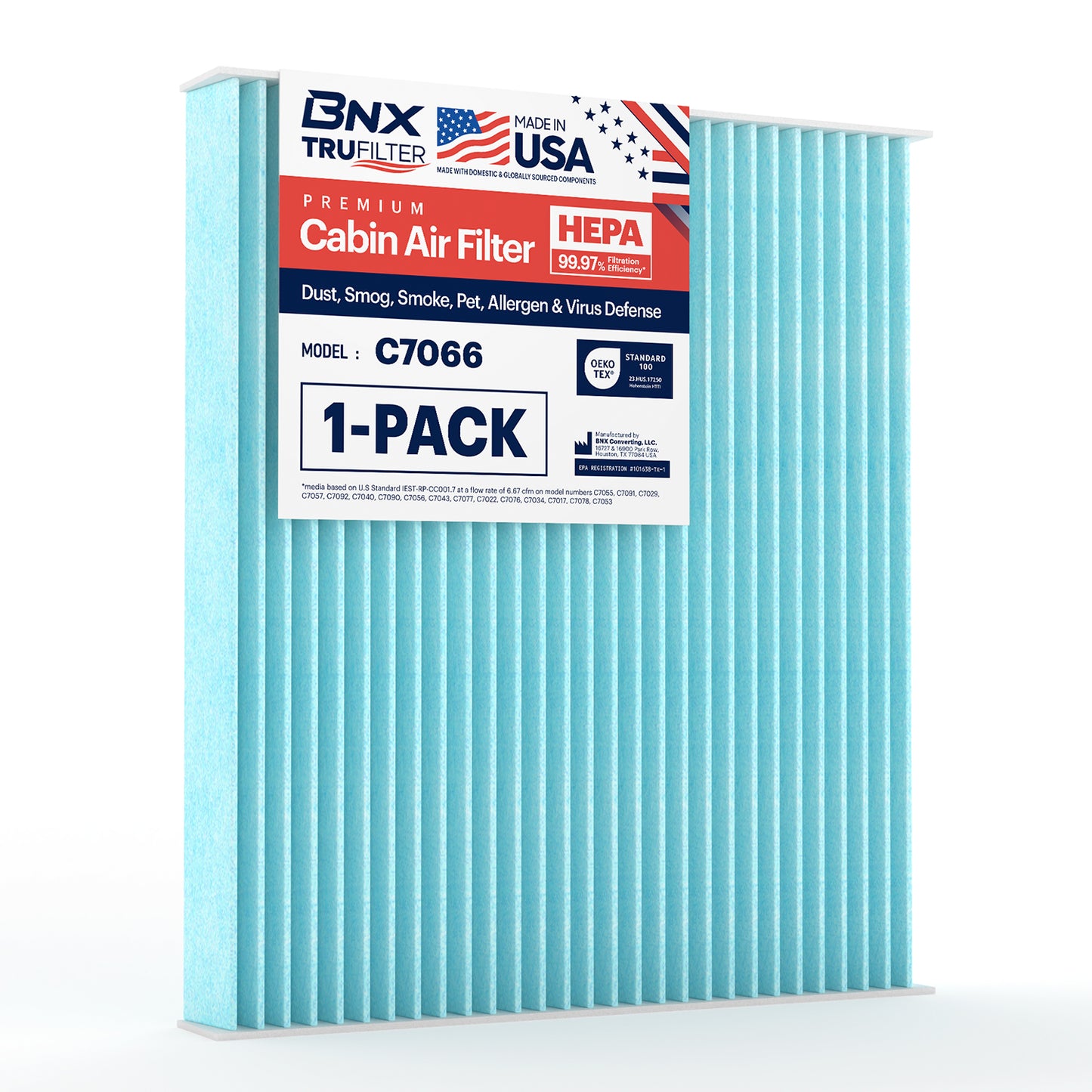 BNX TruFilter C7066 Cabin Air Filter, HEPA 99.97%, Compatible With Hyundai: Santa Fe, Sonata, Azera, Kia: Magentis, Optima