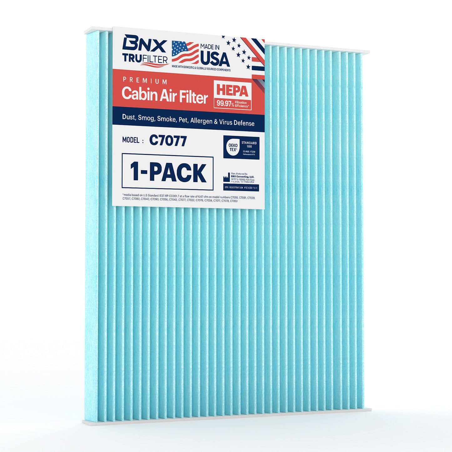 BNX TruFilter C7077 Cabin Air Filter, HEPA 99.97%, MADE IN USA, Compatible With Ford Edge, Fusion, Police Responder Hybrid, SSV Plug-In Hybrid; Lincoln Continental, MKX, MKZ