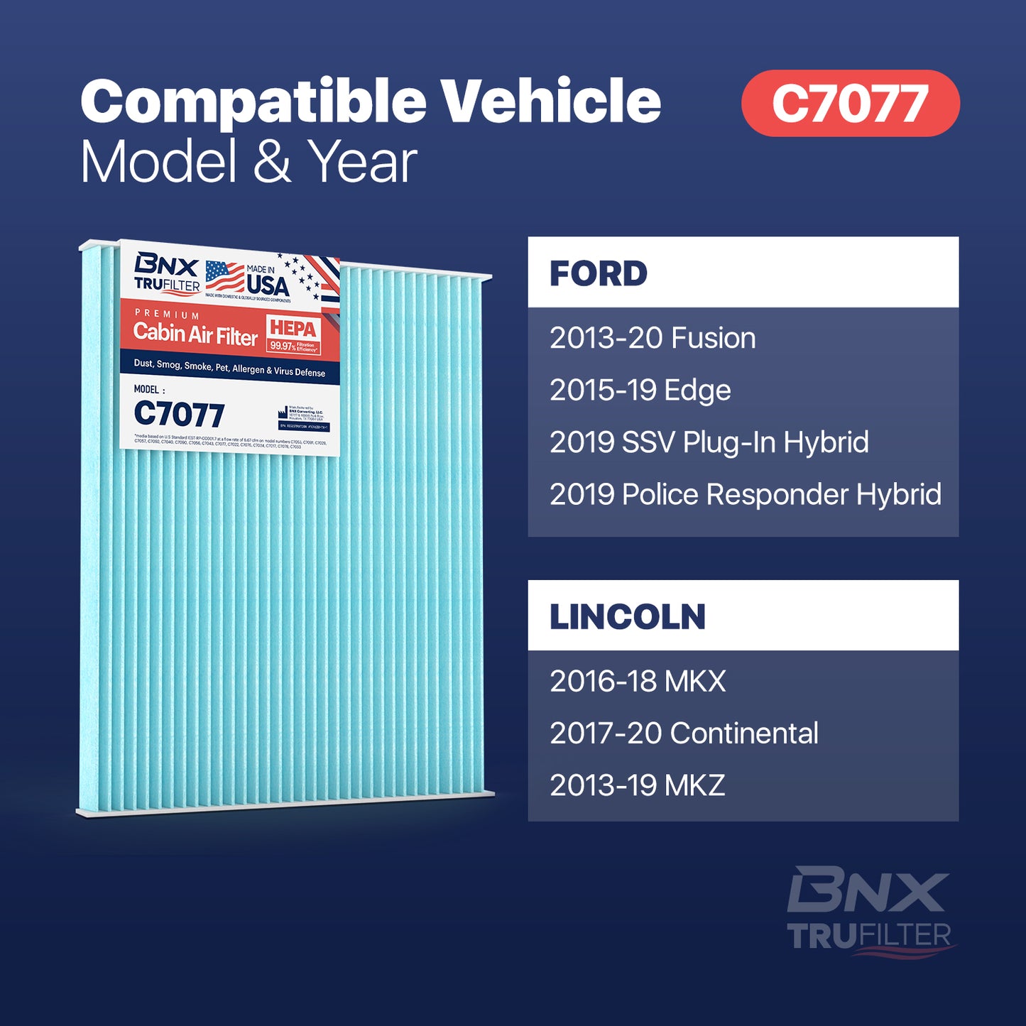 BNX TruFilter C7077 Cabin Air Filter, HEPA 99.97%, MADE IN USA, Compatible With Ford Edge, Fusion, Police Responder Hybrid, SSV Plug-In Hybrid; Lincoln Continental, MKX, MKZ