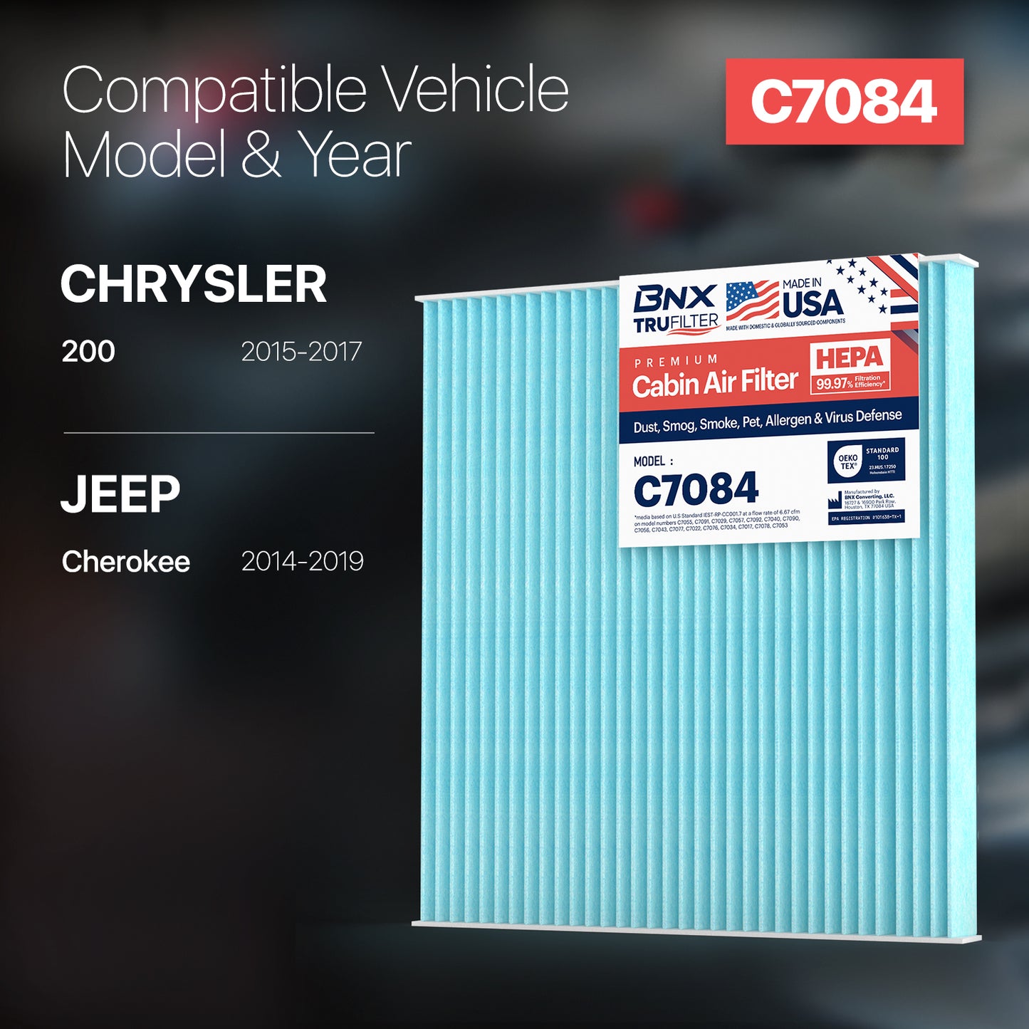 BNX TruFilter C7084 Cabin Air Filter, HEPA 99.97%, Compatible With Jeep Cherokee; Chrysler 200