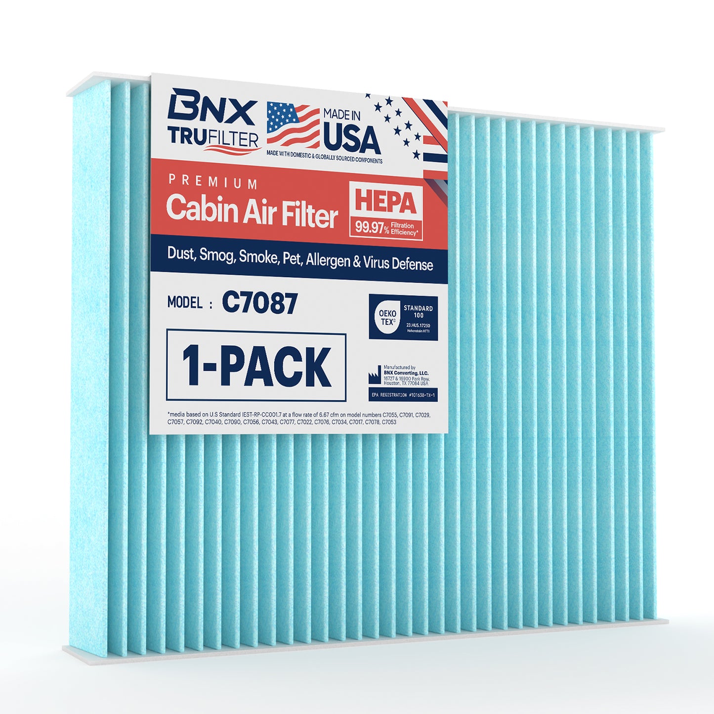 BNX TruFilter C7087 Cabin Air Filter, HEPA 99.97%, MADE IN USA, Compatible With Toyota: Camry, Avalon; Lexus: ES300h, ES350, RX350, RX450h