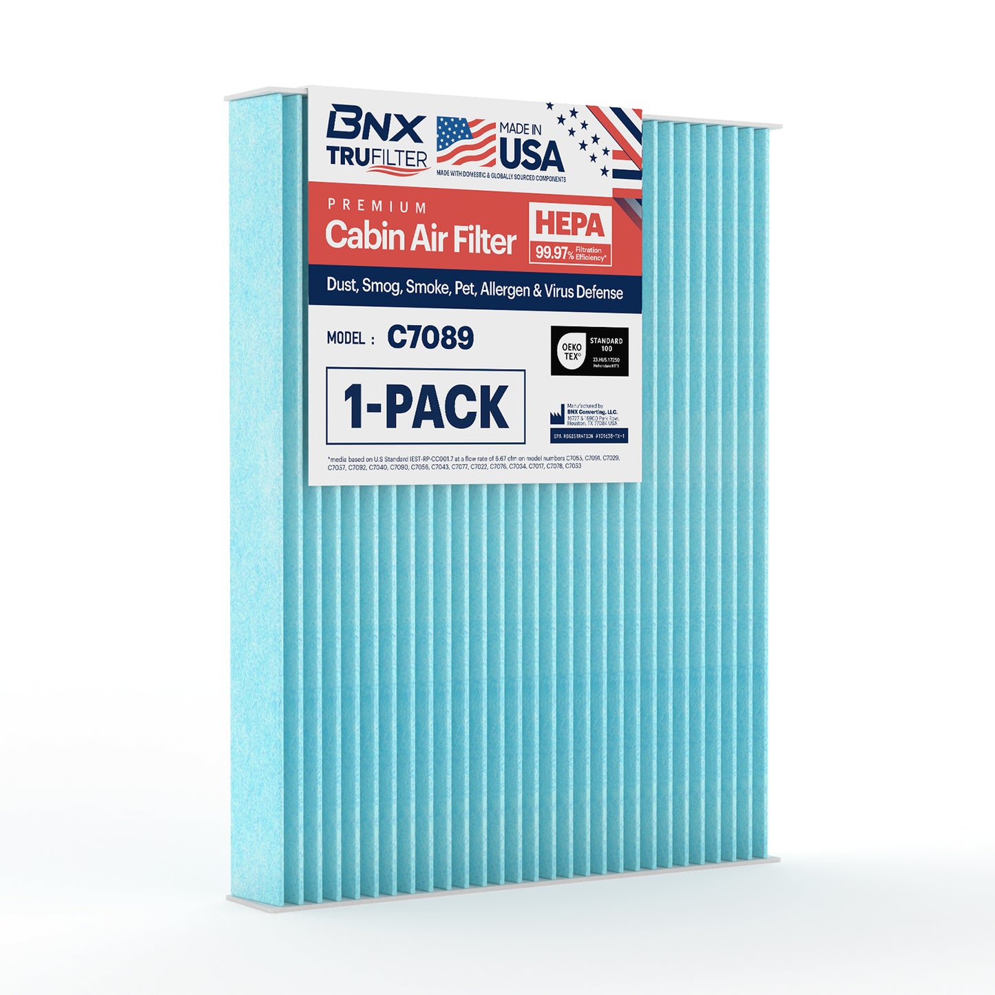 BNX TruFilter C7089 Cabin Air Filter, HEPA 99.97%, MADE IN USA, Compatible With Kia Soul, Soul EV