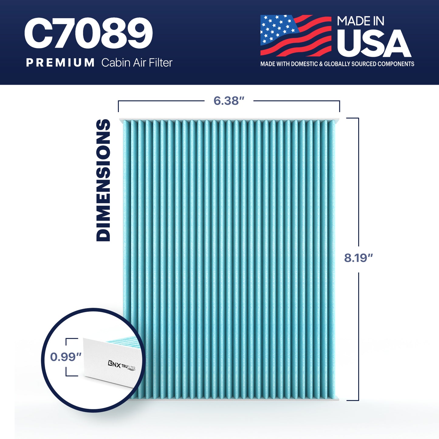 BNX TruFilter C7089 Cabin Air Filter, HEPA 99.97%, MADE IN USA, Compatible With Kia Soul, Soul EV