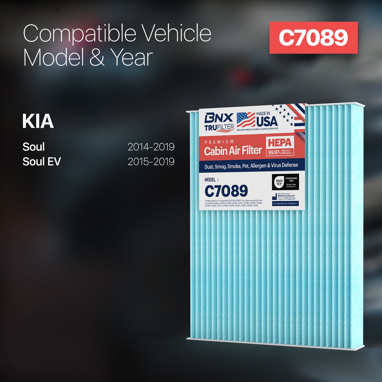 BNX TruFilter C7089 Cabin Air Filter, HEPA 99.97%, MADE IN USA, Compatible With Kia Soul, Soul EV