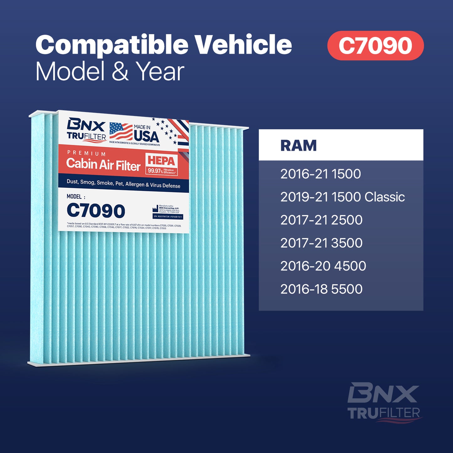 BNX TruFilter C7090 Cabin Air Filter, HEPA 99.97%, Compatible With Select Ram 1500, 1500 Classic, 2500, 3500, 4500,5500 Trucks