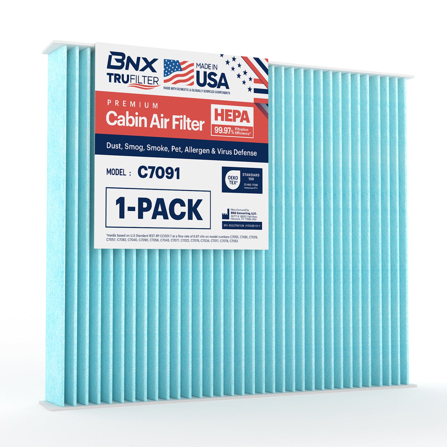 BNX TruFilter C7091 Cabin Air Filter, HEPA 99.97%, MADE IN USA, Compatible With Select Chevrolet: Silverado, Impala, Cruze, Malibu, Traverse, GMC: Sierra, Yukon, Terrain, Buick: Enclave, LaCrosse
