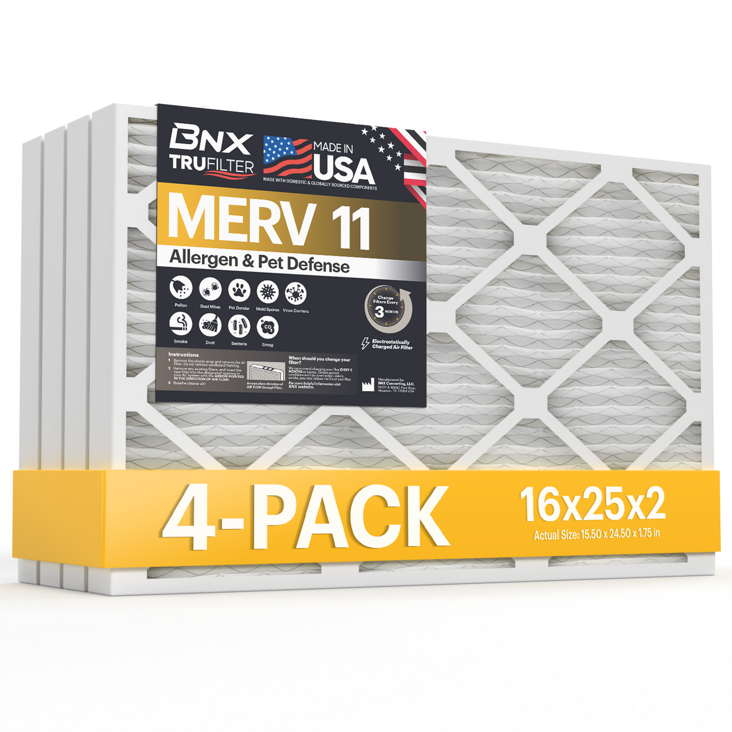 BNX TruFilter 16x25x2 MERV 11 Pleated Air Filter – Made in USA (2-Pack)