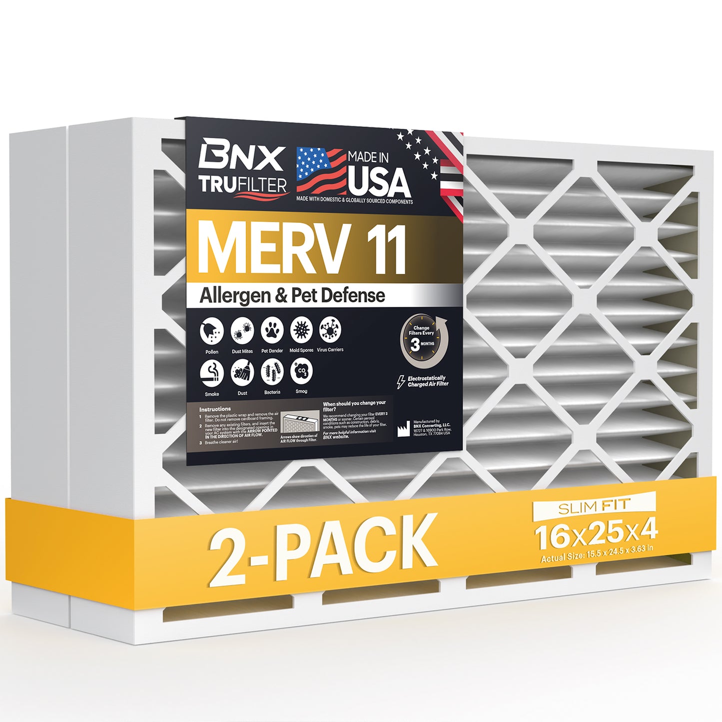 BNX TruFilter 16x25x4 MERV 11 Pleated Air Filter – Made in USA (2-Pack) (Slim Fit)