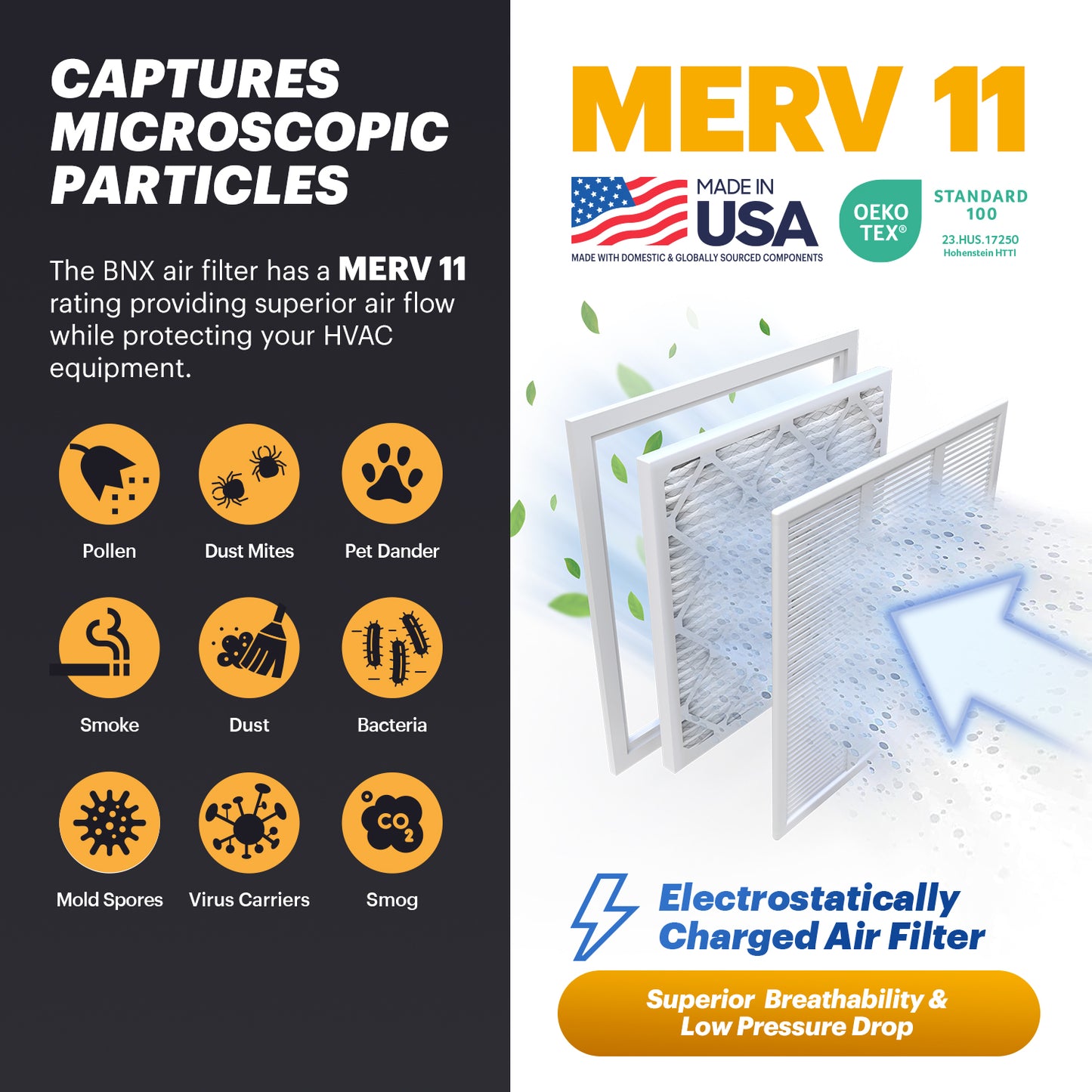 BNX TruFilter 16x25x2 MERV 11 Pleated Air Filter – Made in USA (2-Pack)