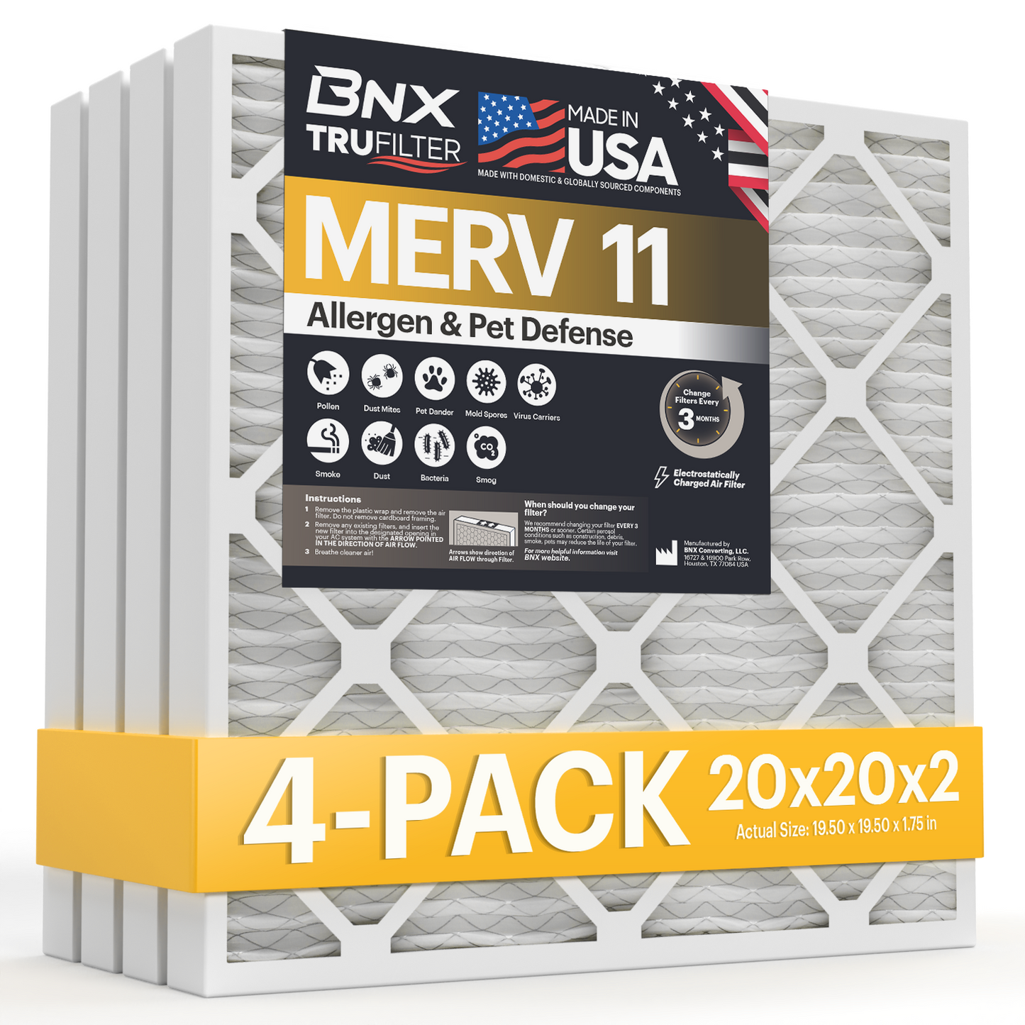 BNX TruFilter 20x20x2 MERV 11 Pleated Air Filter – Made in USA (4-Pack)