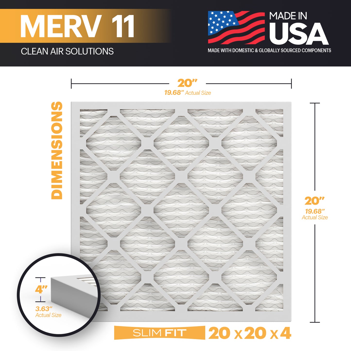 BNX TruFilter 20x20x4 MERV 11 Pleated Air Filter – Made in USA (2-Pack) (Slim Fit)