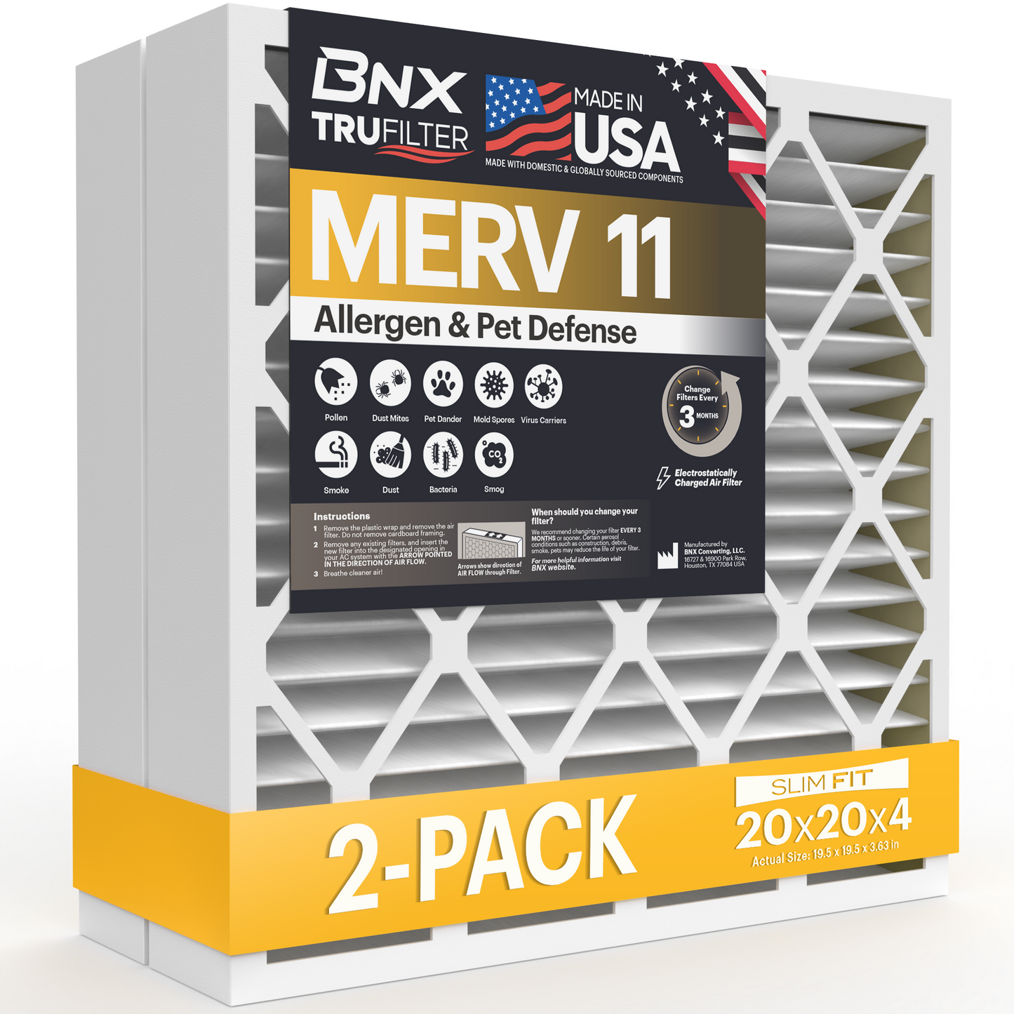 BNX TruFilter 20x20x4 MERV 11 Pleated Air Filter – Made in USA (2-Pack) (Slim Fit)