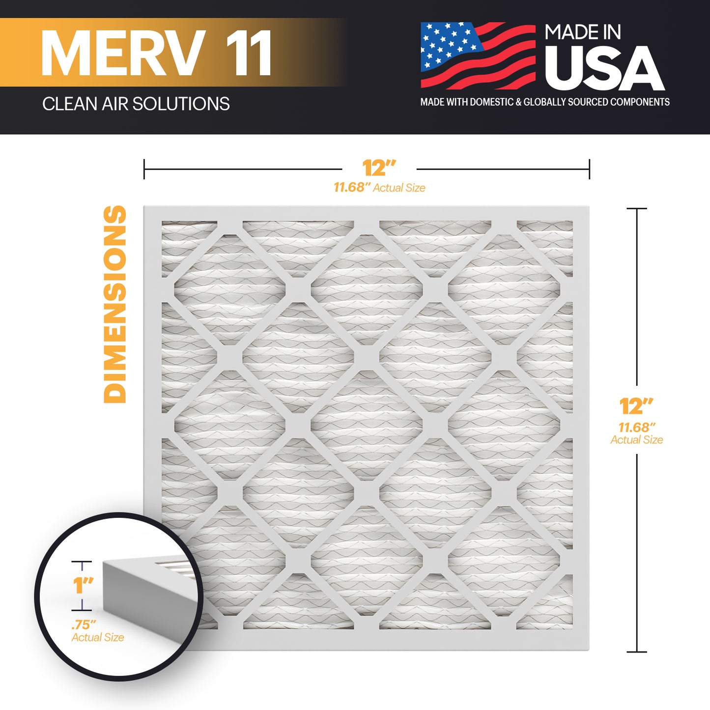 BNX TruFilter 12x12x1 MERV 11 Pleated Air Filter – Made in USA (6-Pack)