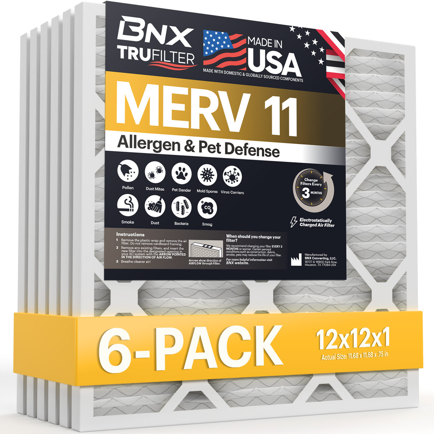 BNX TruFilter 12x12x1 MERV 11 Pleated Air Filter – Made in USA (6-Pack)
