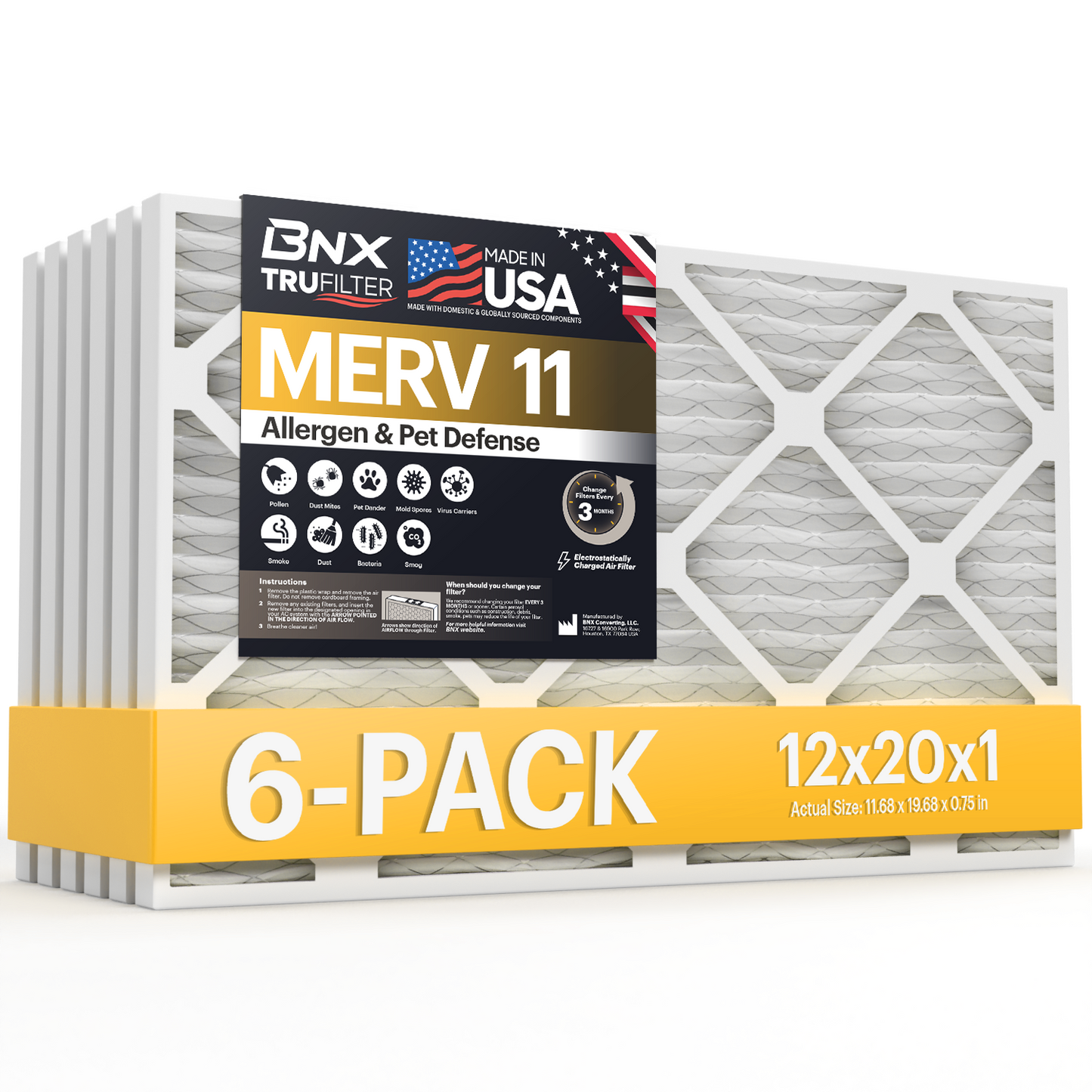 BNX TruFilter 12x20x1 MERV 11 Pleated Air Filter – Made in USA (6-Pack)