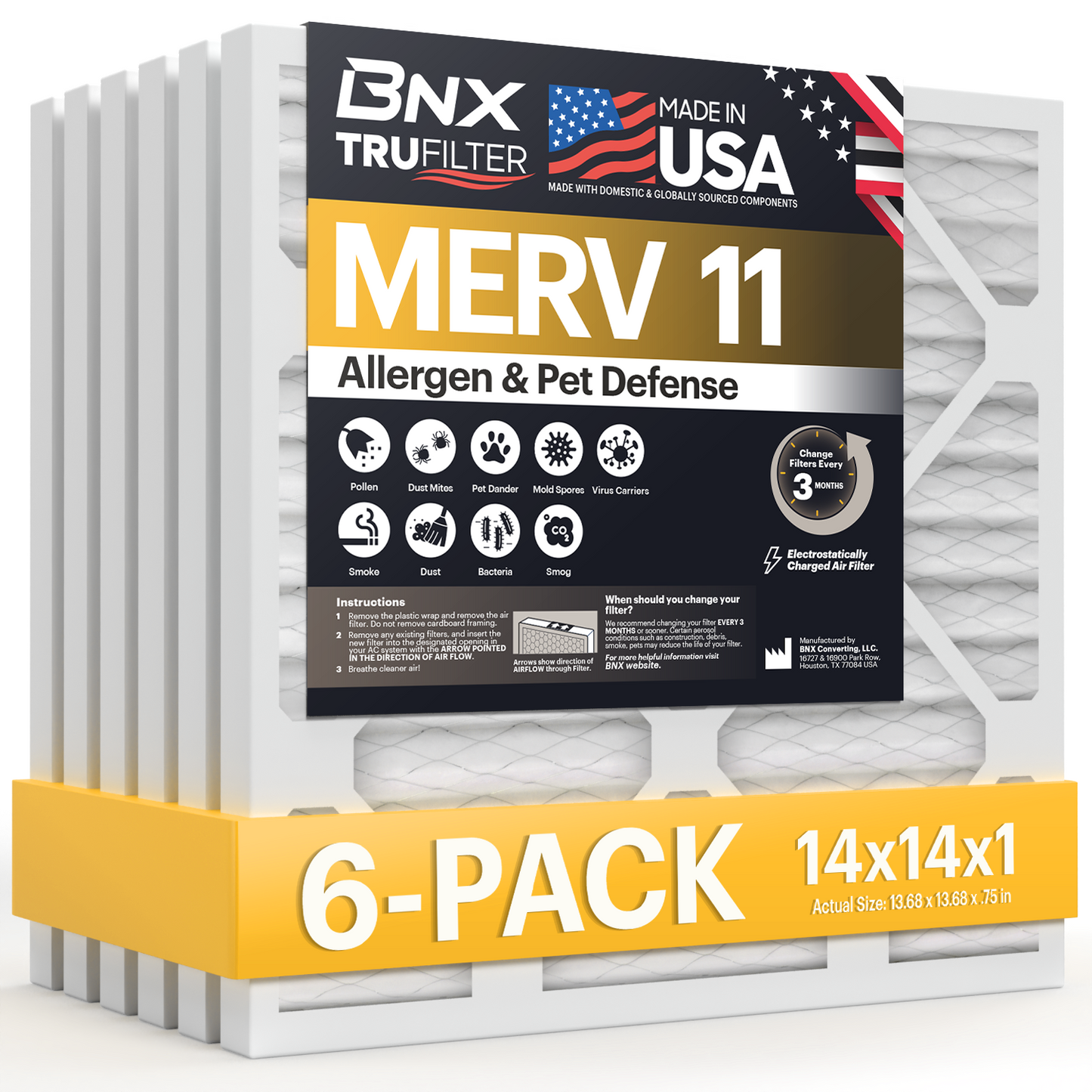 BNX TruFilter 14x14x1 MERV 11 Pleated Air Filter – Made in USA (6-Pack)