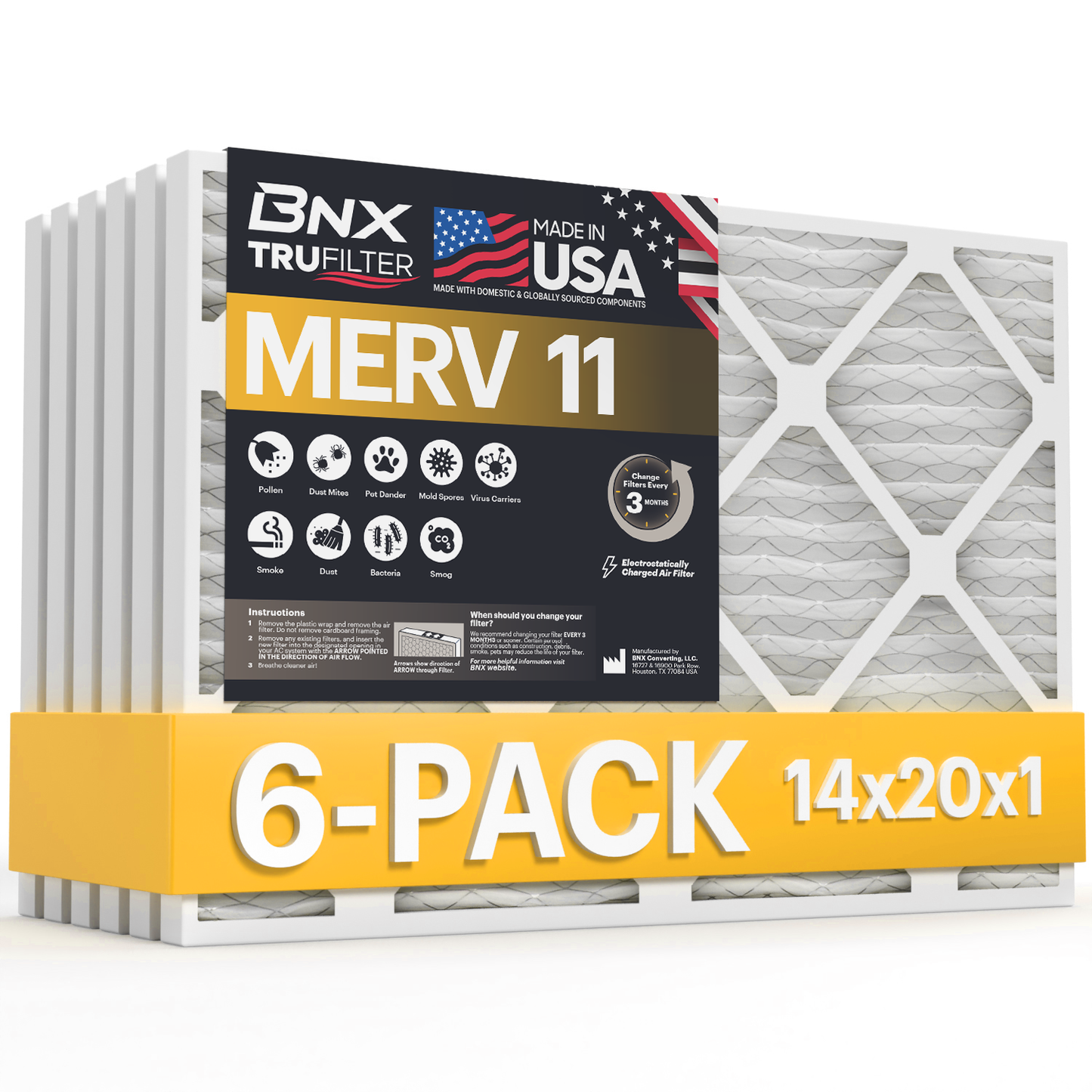 BNX TruFilter 14x20x1 MERV 11 Pleated Air Filter – Made in USA (6-Pack)
