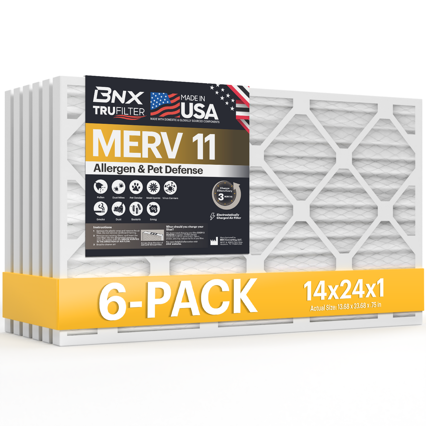 BNX TruFilter 14x24x1 MERV 11 Pleated Air Filter – Made in USA (6-Pack)