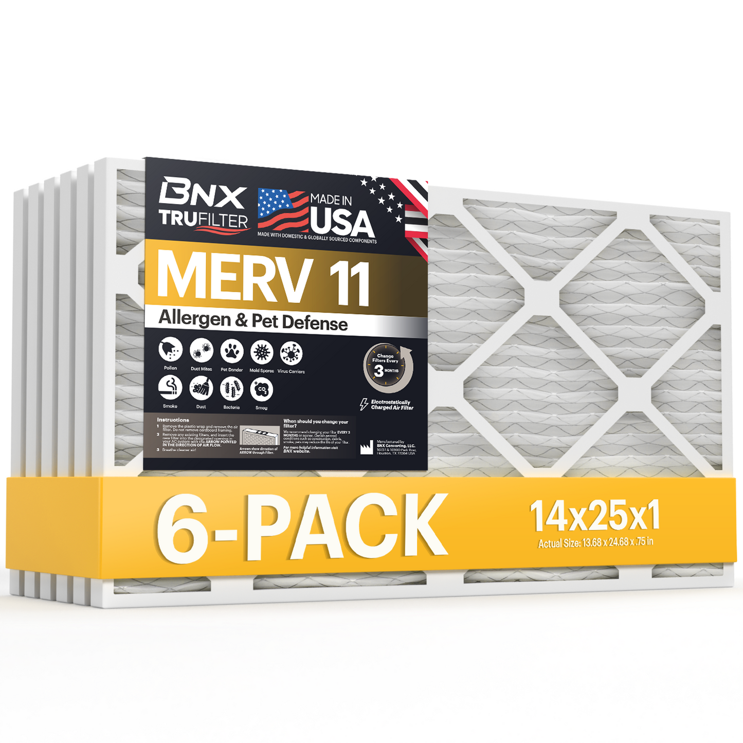 BNX TruFilter 14x25x1 MERV 11 Pleated Air Filter – Made in USA (6-Pack)