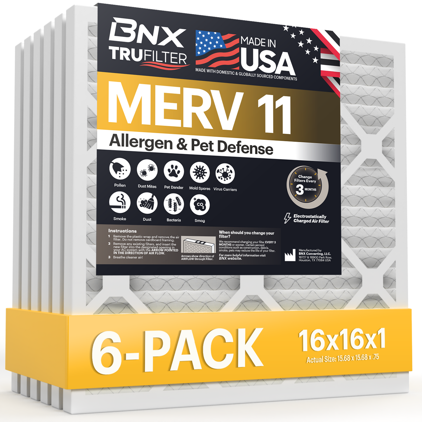 BNX TruFilter 16x16x1 MERV 11 Pleated Air Filter – Made in USA (6-Pack)