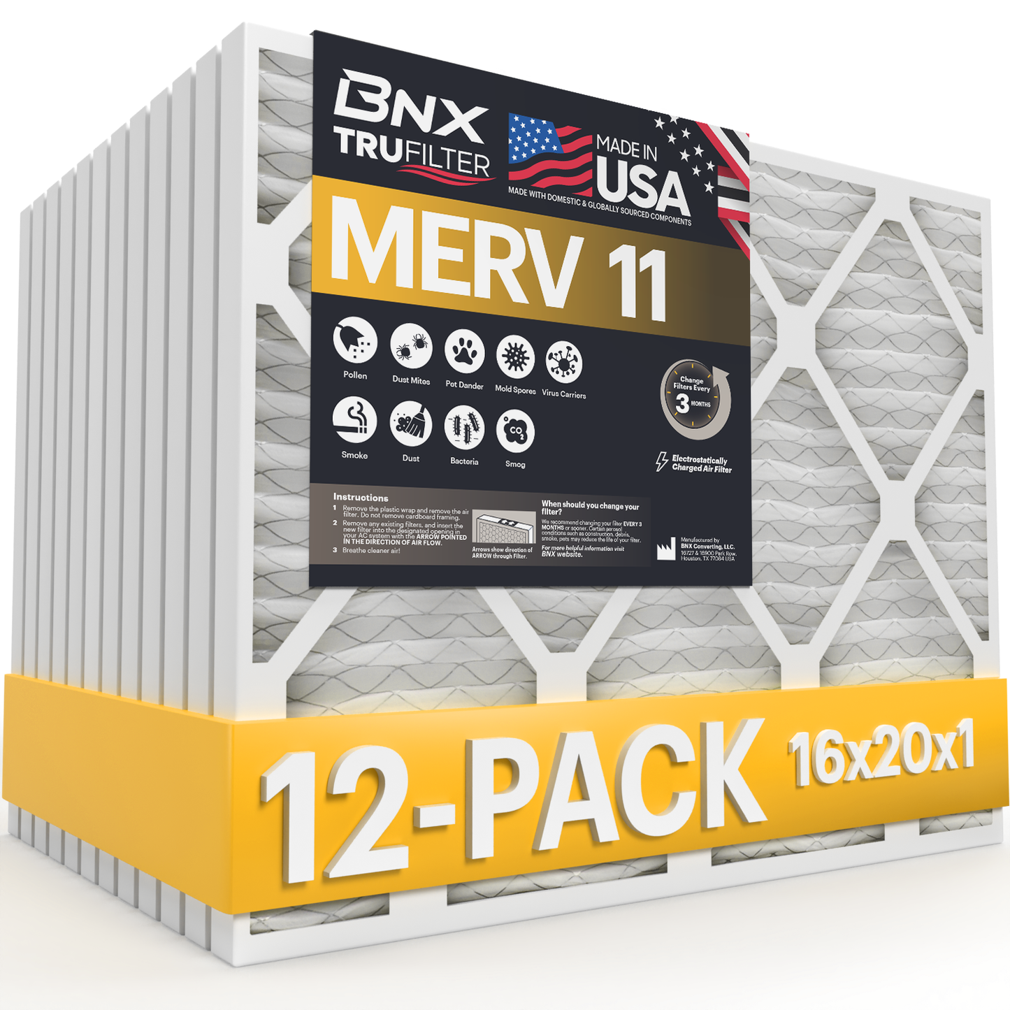 BNX TruFilter 16x20x1 Air Filter MERV 11 (12-Pack) - MADE IN USA - Allergen Defense Electrostatic Pleated Air Conditioner HVAC AC Furnace Filters for Allergies, Dust, Pet, Smoke, Allergy MPR 1200 FPR 7