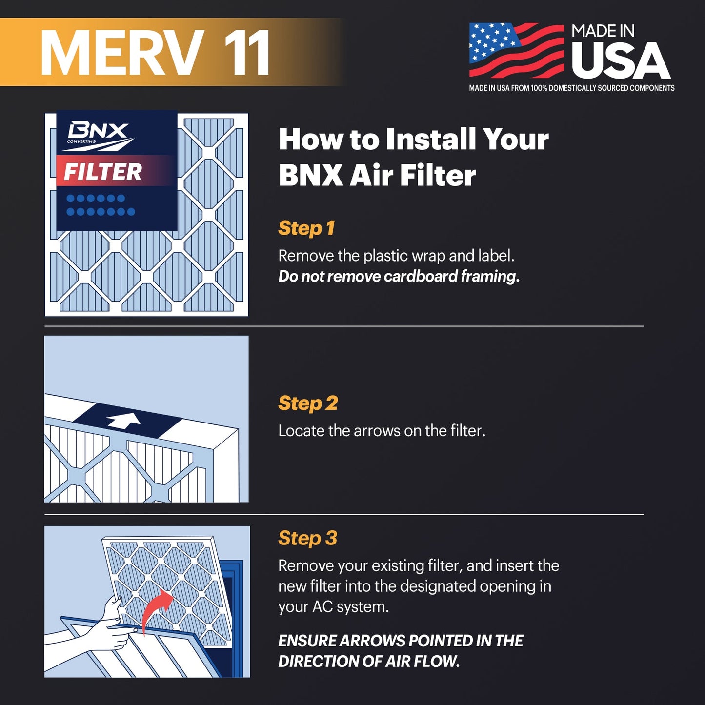 BNX 20x25x1 MERV 11 Air Filter 5 Pack - MADE IN USA - Electrostatic Pleated Air Conditioner HVAC AC Furnace Filters - Removes Dust, Mold, Pollen, Lint, Pet Dander, Smoke, Smog