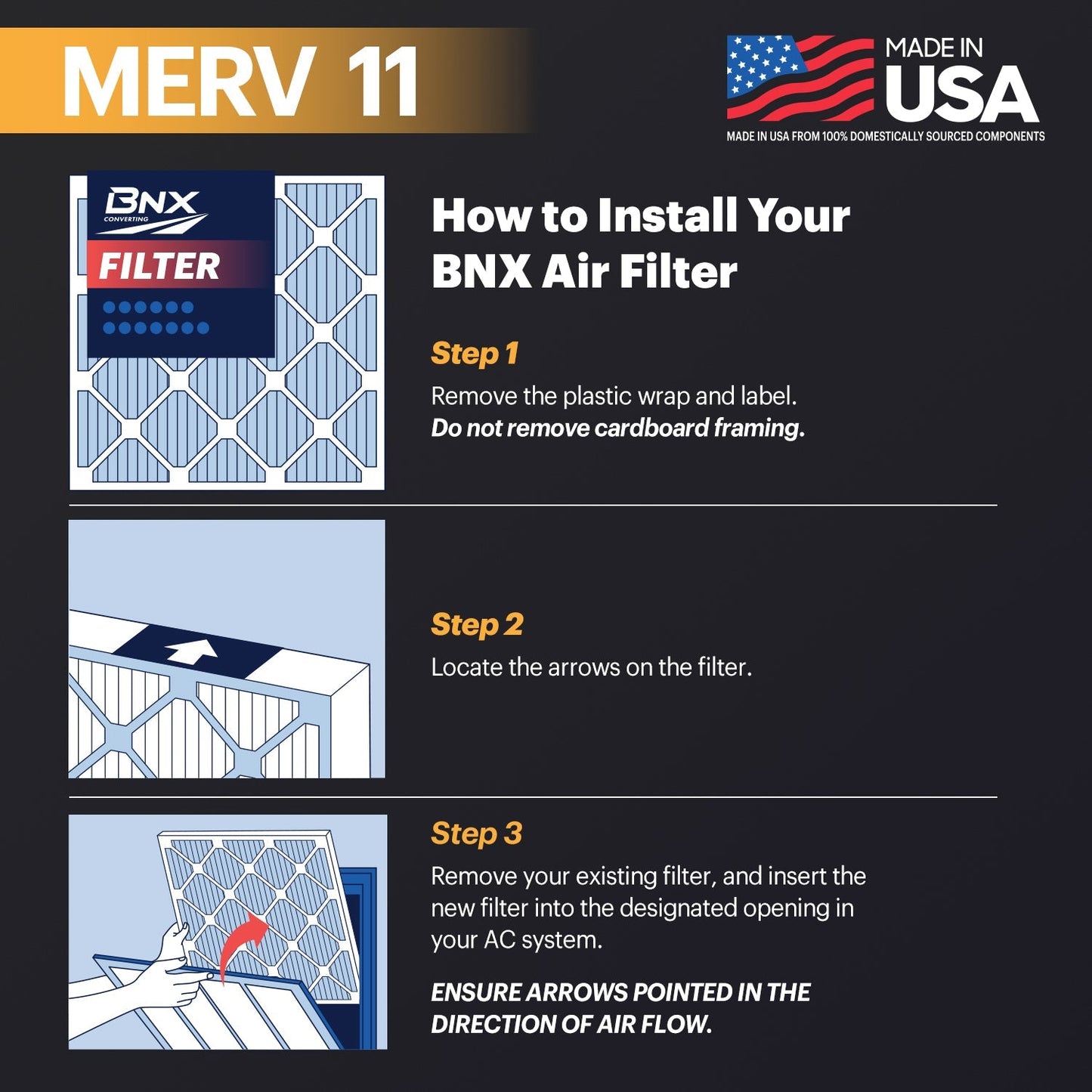 BNX 20x25x1 MERV 11 Air Filter 4 Pack - MADE IN USA - Electrostatic Pleated Air Conditioner HVAC AC Furnace Filters - Removes Dust, Mold, Pollen, Lint, Pet Dander, Smoke, Smog