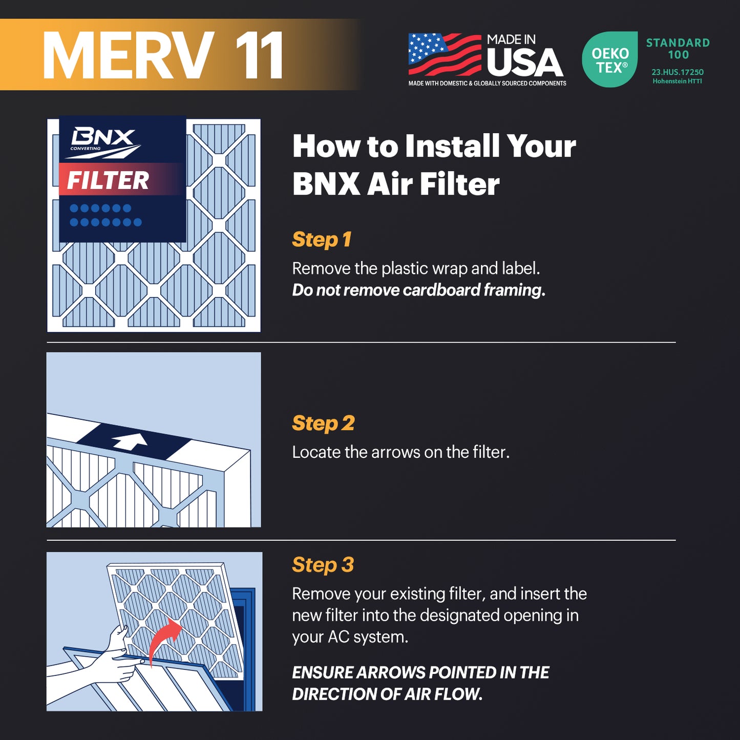 BNX TruFilter 14x25x1 MERV 11 Pleated Air Filter – Made in USA (6-Pack)