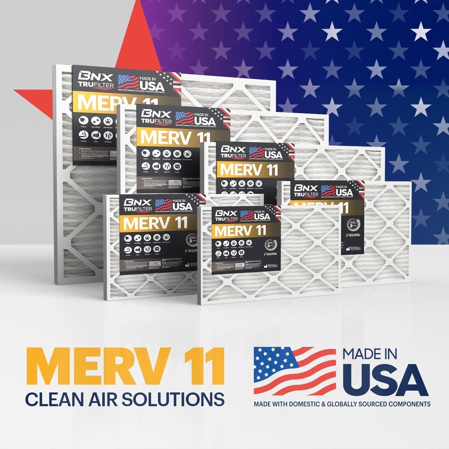 BNX TruFilter 14x14x1 MERV 11 Air Filter 6 Pack - MADE IN USA - Electrostatic Pleated Air Conditioner HVAC AC Furnace Filters - Removes Dust, Mold, Pollen, Lint, Pet Dander, Smoke, Smog
