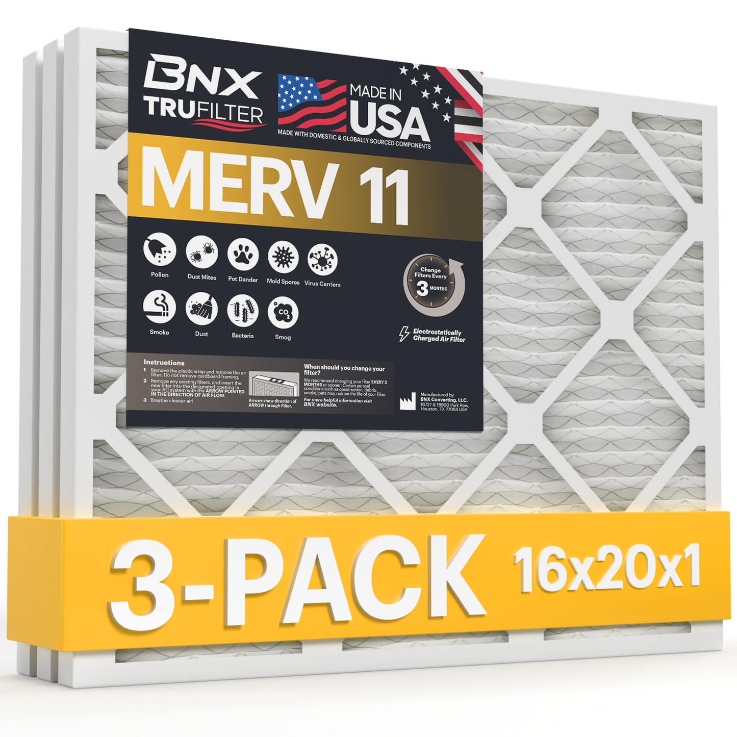 BNX TruFilter 16x20x1 Air Filter MERV 11 (12-Pack) - MADE IN USA - Allergen Defense Electrostatic Pleated Air Conditioner HVAC AC Furnace Filters for Allergies, Dust, Pet, Smoke, Allergy MPR 1200 FPR 7