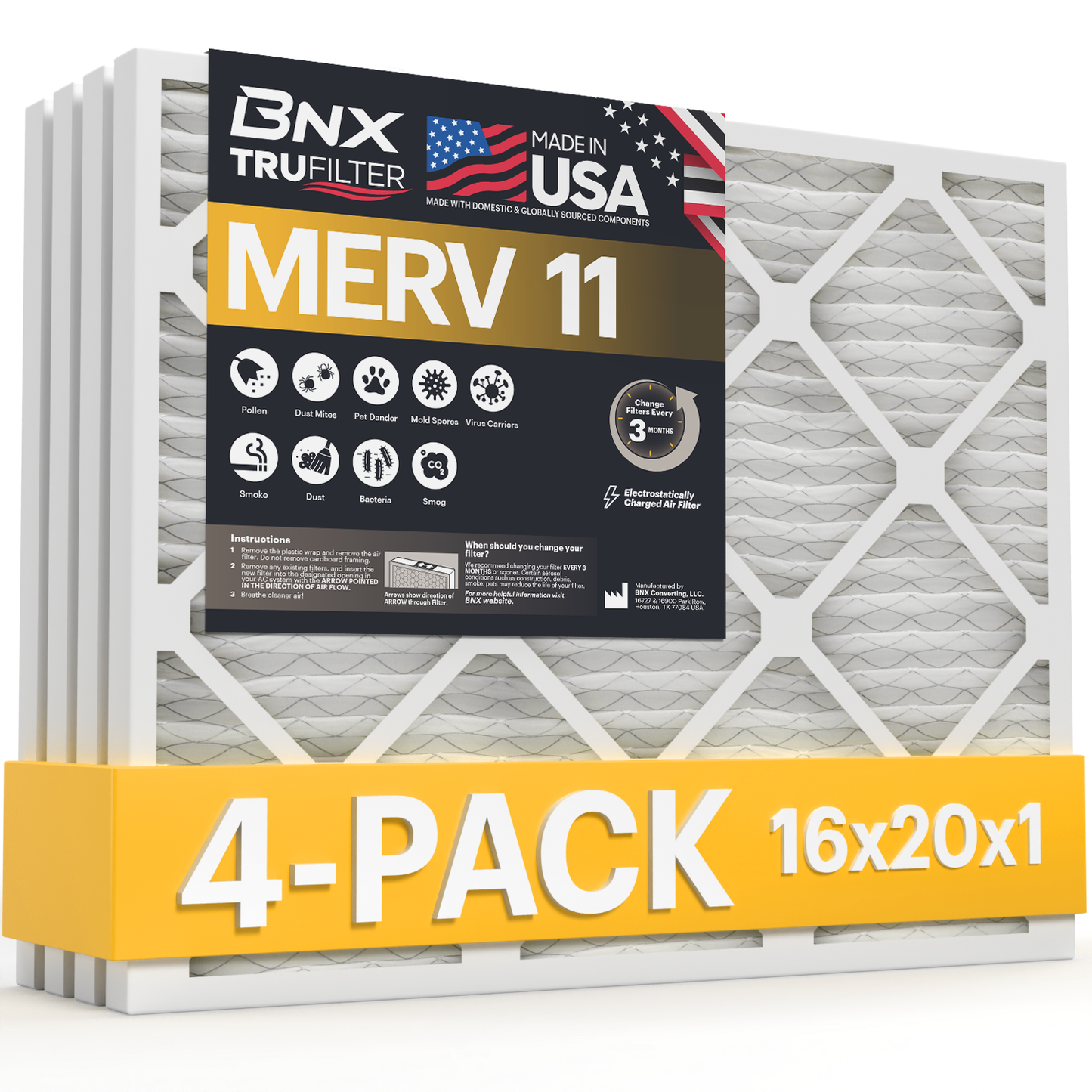 BNX TruFilter 16x20x1 Air Filter MERV 11 (4-Pack) - MADE IN USA - Allergen Defense Electrostatic Pleated Air Conditioner HVAC AC Furnace Filters for Allergies, Dust, Pet, Smoke, Allergy MPR 1200 FPR 7