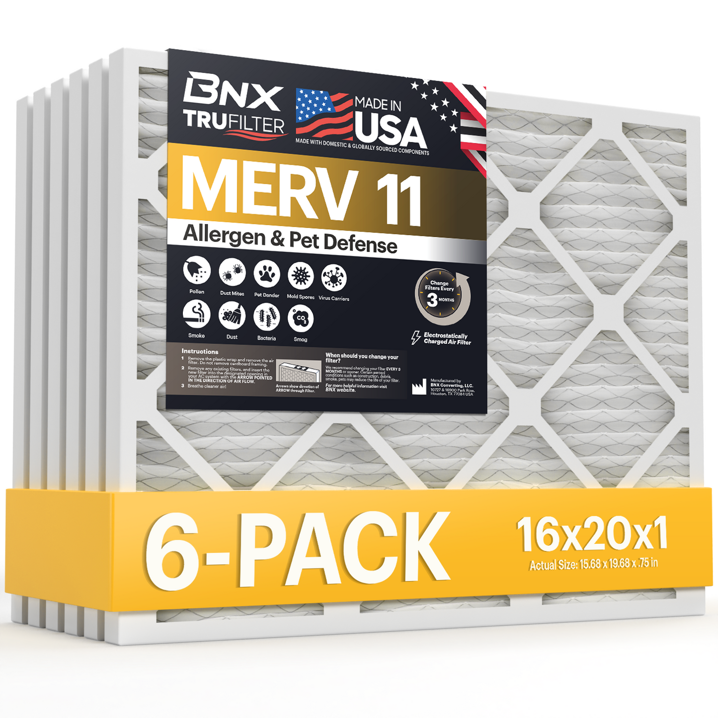 BNX TruFilter 16x20x1 MERV 11 Pleated Air Filter – Made in USA (6-Pack)