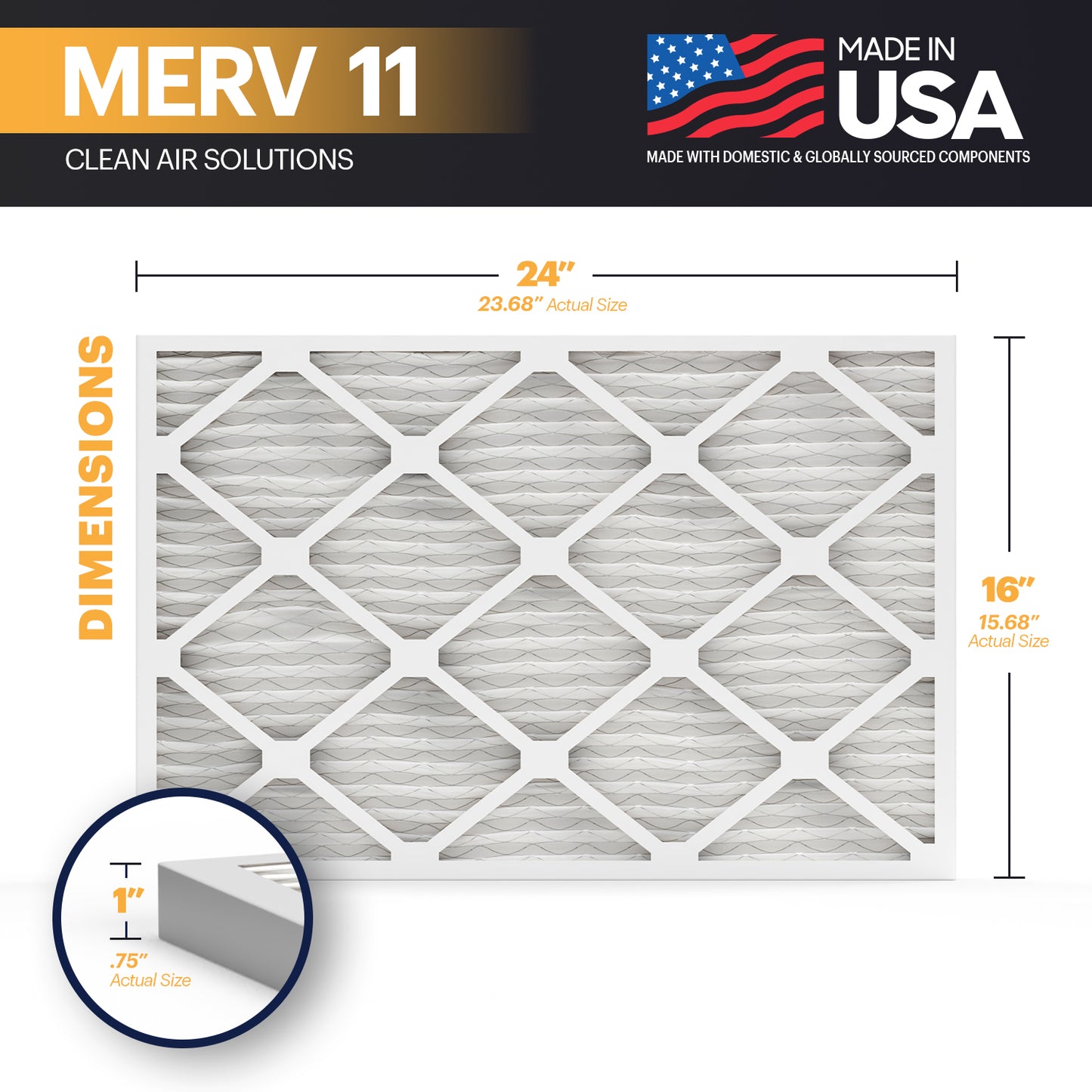 BNX TruFilter 16x24x1 MERV 11 Pleated Air Filter – Made in USA (6-Pack)