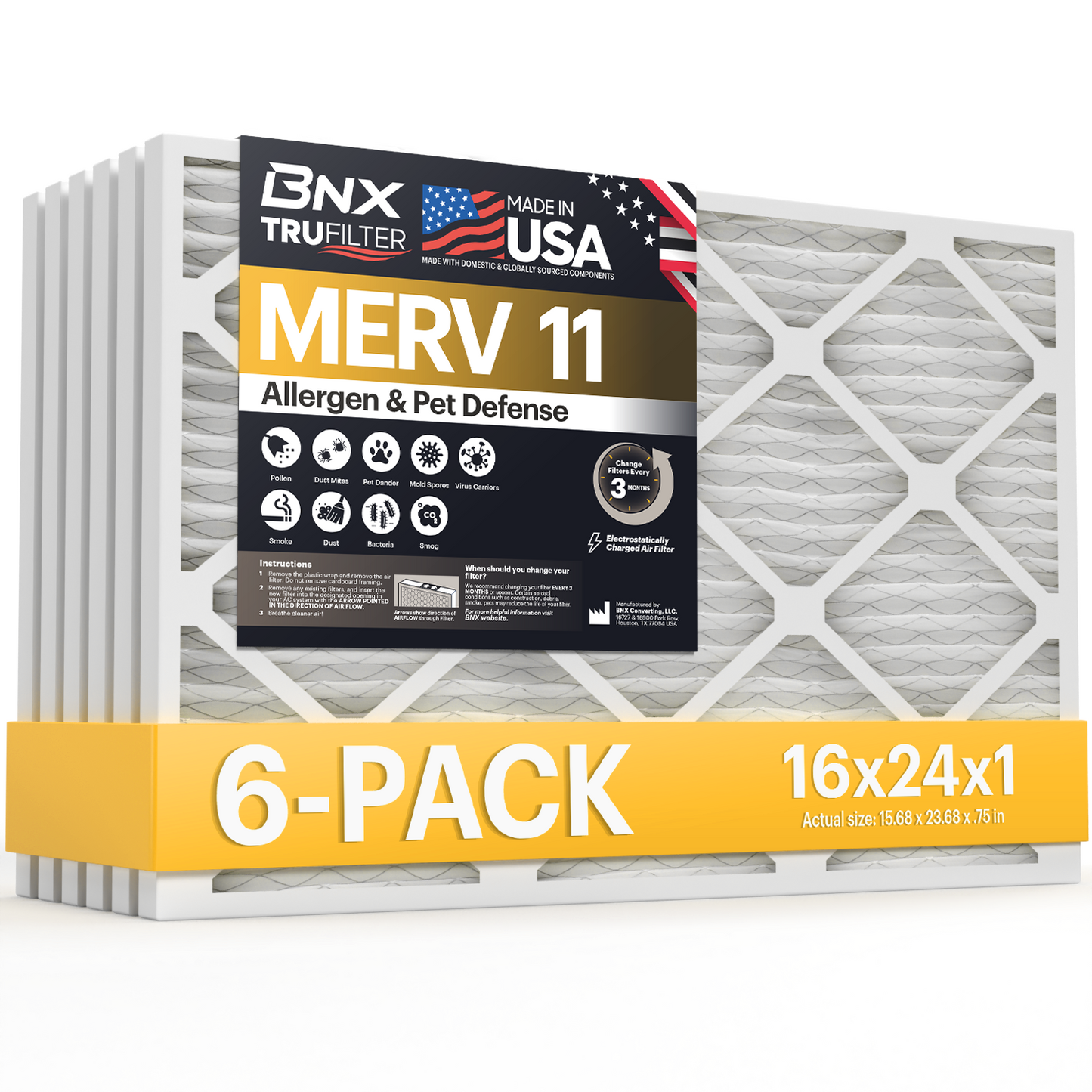 BNX TruFilter 16x24x1 MERV 11 Pleated Air Filter – Made in USA (6-Pack)