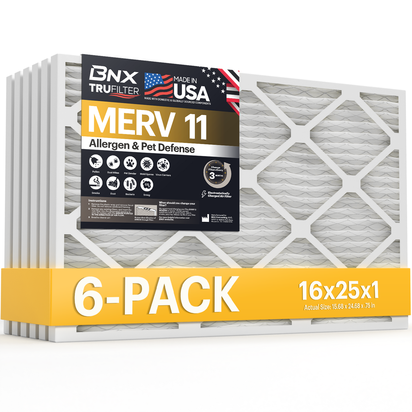 BNX TruFilter 16x25x1 MERV 11 Pleated Air Filter – Made in USA (6-Pack)