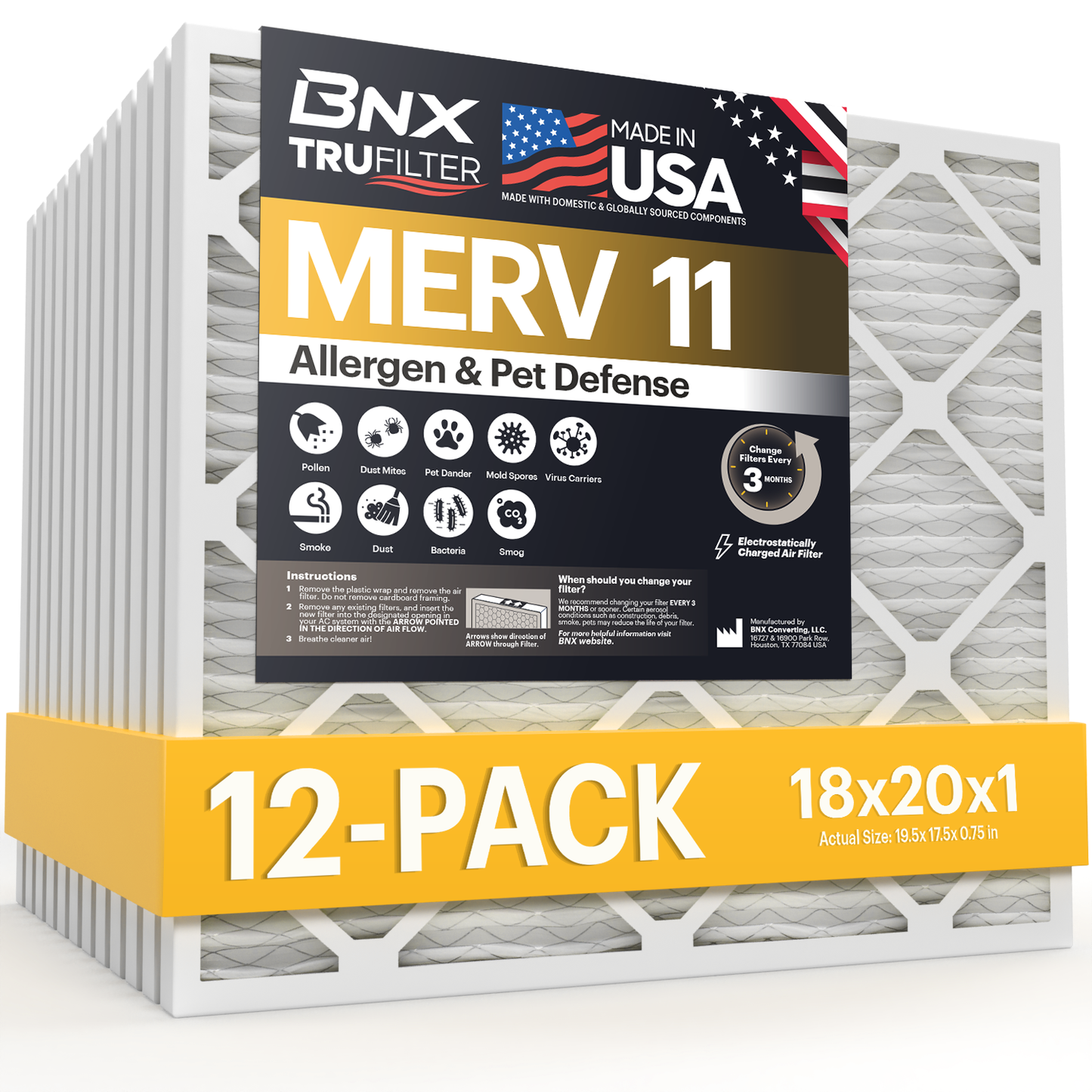 BNX TruFilter 18x20x1 Air Filter MERV 11 (12-Pack)- MADE IN USA - Allergen Defense Electrostatic Pleated Air Conditioner HVAC AC Furnace Filters for Allergies, Dust, Pet, Smoke, Allergy MPR 1200 FPR 7