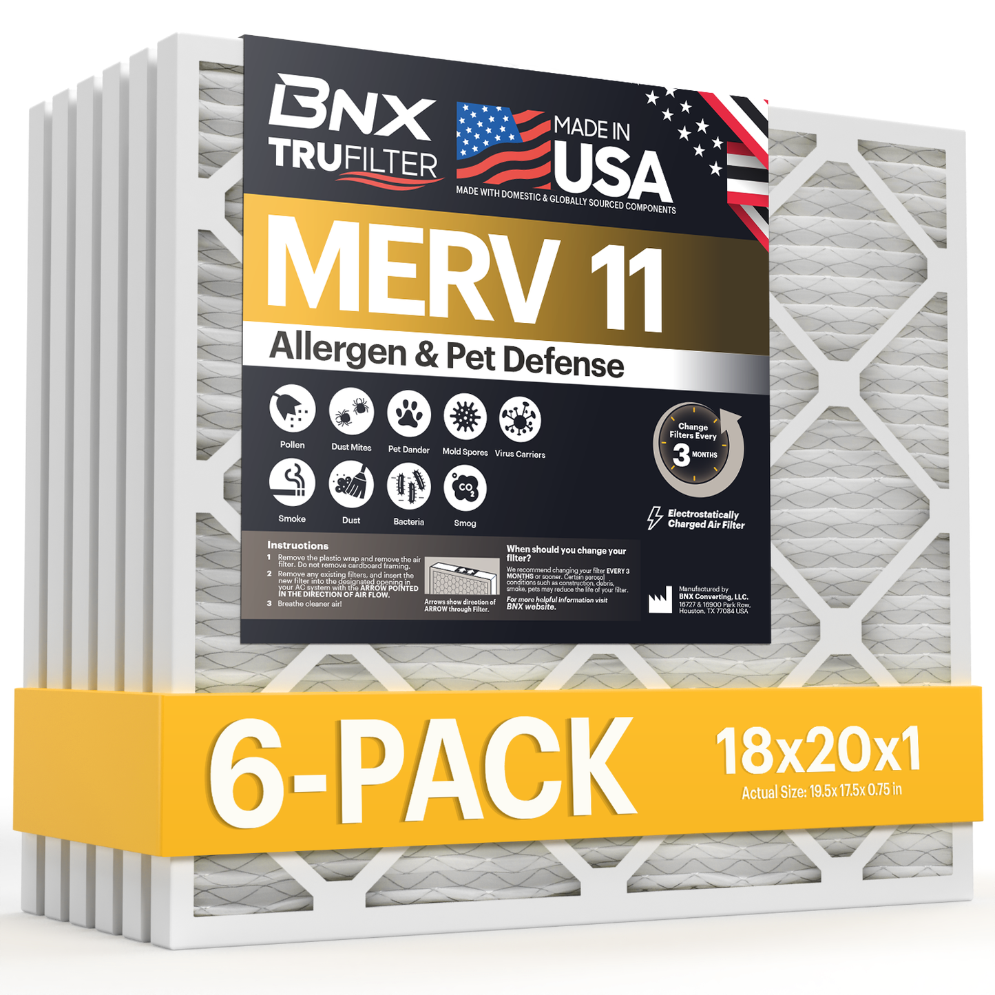 BNX TruFilter 18x20x1 MERV 11 Pleated Air Filter – Made in USA (6-Pack)