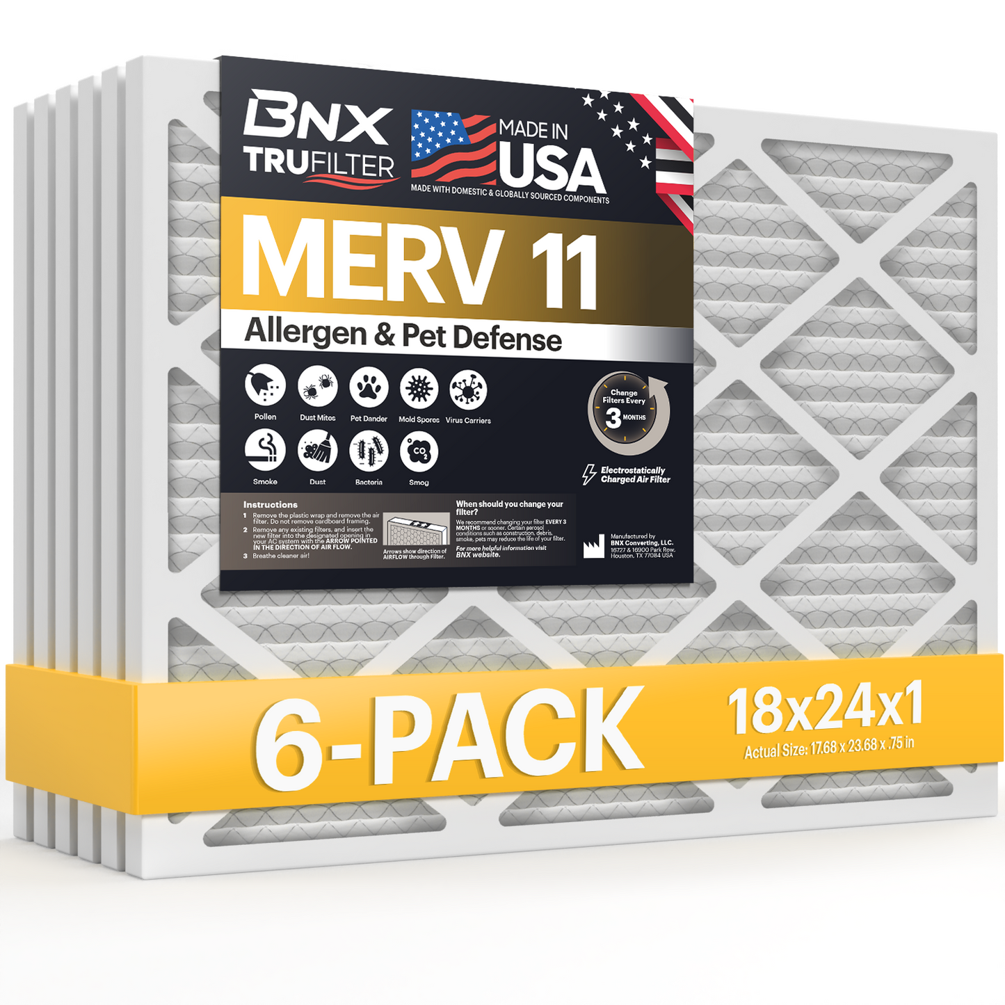 BNX TruFilter 18x24x1 MERV 11 Pleated Air Filter – Made in USA (6-Pack)