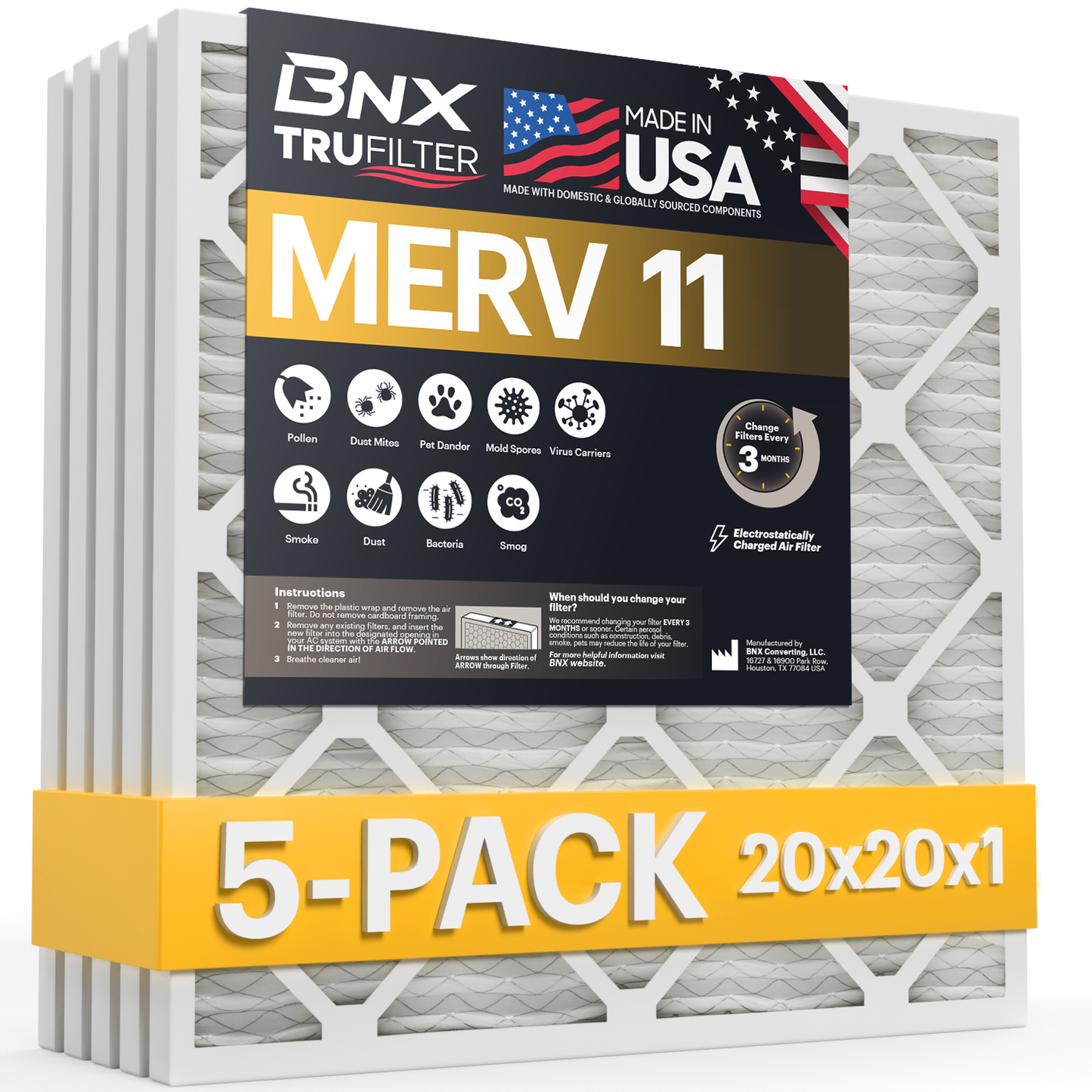 BNX 20x20x1 MERV 11 Air Filter 5 Pack - MADE IN USA - Electrostatic Pleated Air Conditioner HVAC AC Furnace Filters - Removes Dust, Mold, Pollen, Lint, Pet Dander, Smoke, Smog